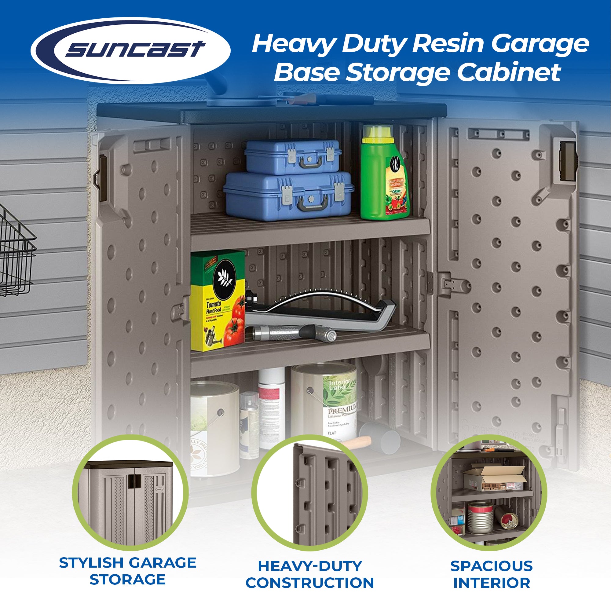 Suncast 9 Cu Ft Heavy Duty Resin Garage Base Storage Cabinet, Platinum (2 Pack) - VMInnovations