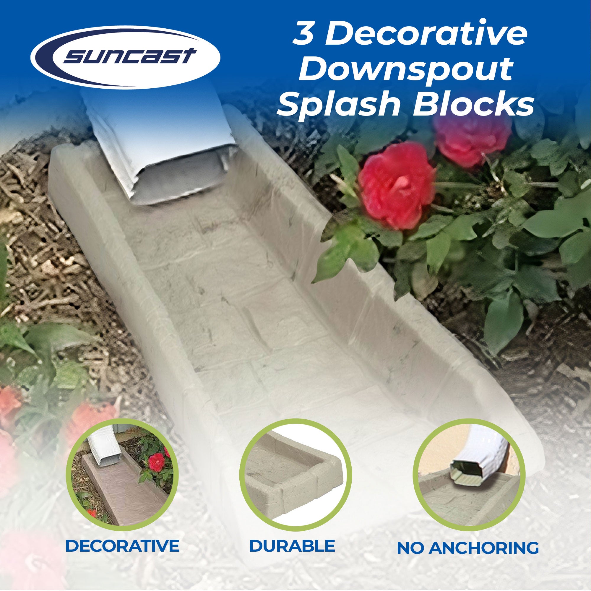 Suncast SB24 Decorative Rain Gutter Downspout Garden Splash Block Taupe (3 Pack) - VMInnovations