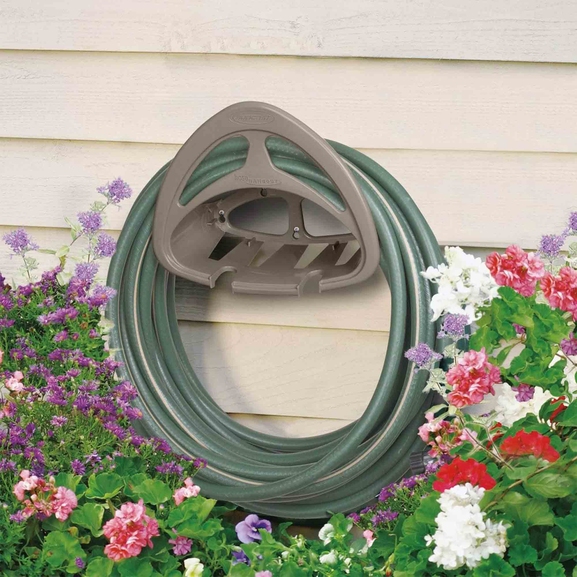 Suncast Hangout Outdoor Wall Mounted Garden Hose Holder w/ Shelf, Taupe (2 Pack) - VMInnovations