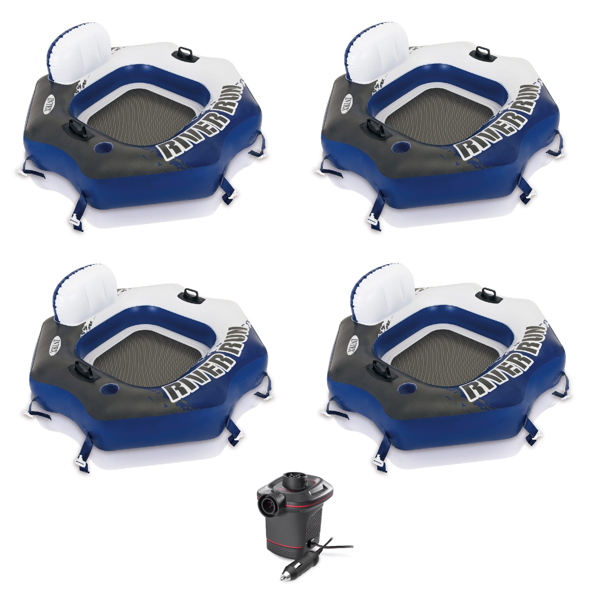 Intex River Run Connect Inflatable 1 Person Tube Float (4 Pack) & 12 V Air Pump