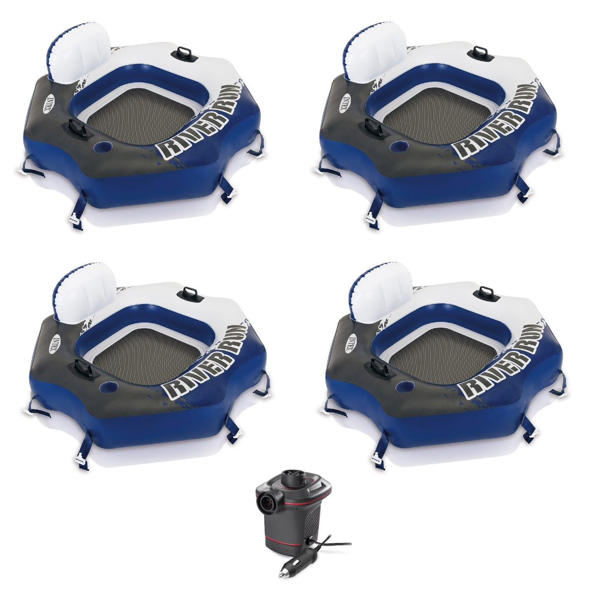 Intex River Run Connect Inflatable 1 Person Tube Float (4 Pack) & 12 V Air Pump