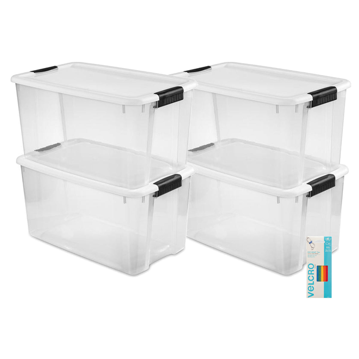 Sterilite 70 Quart Ultra Latch Storage Box, 4 Pk, w/ Velcro Reusable Wire, 5 Pk