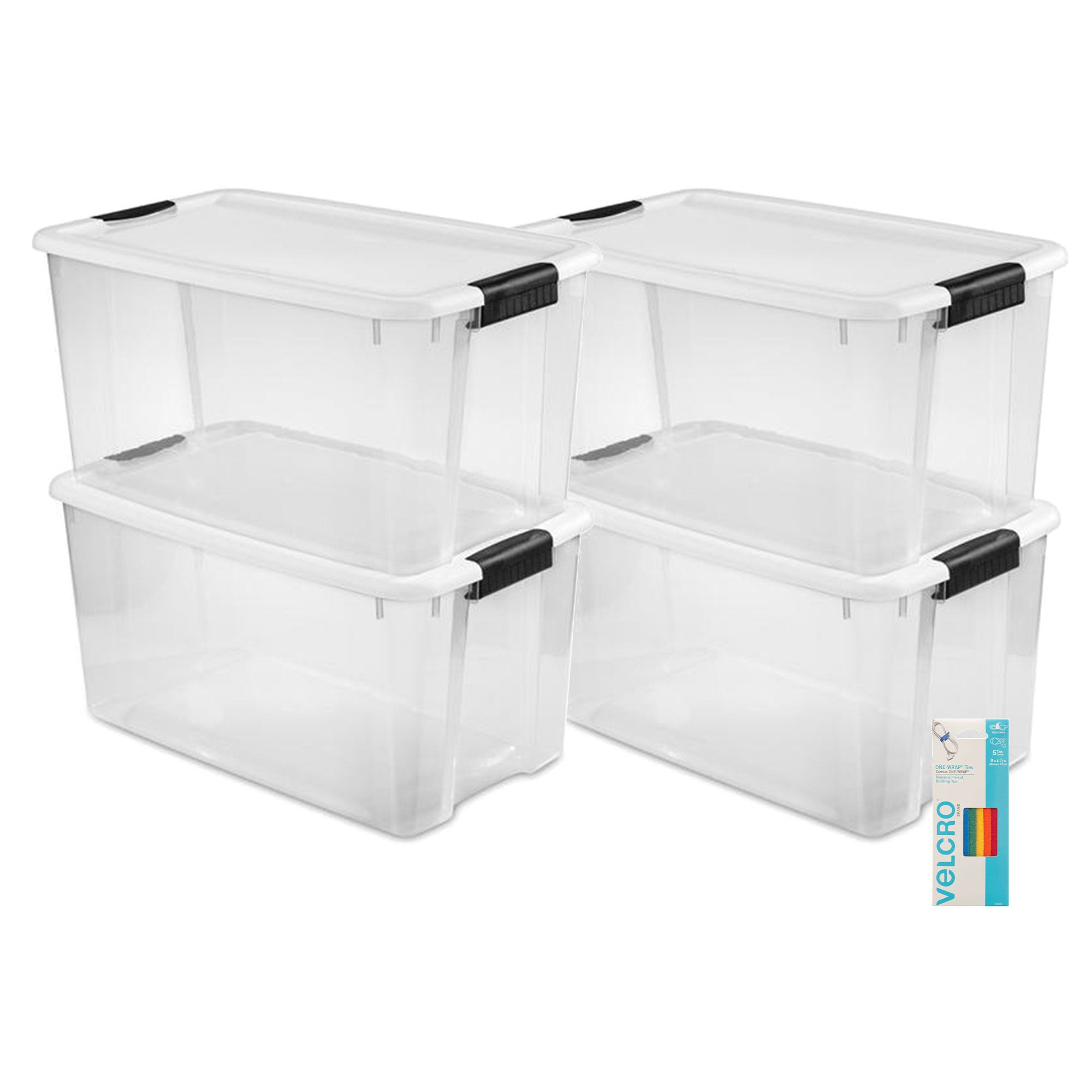 Sterilite 70 Quart Ultra Latch Storage Box, 4 Pk, w/ Velcro Reusable Wire, 5 Pk