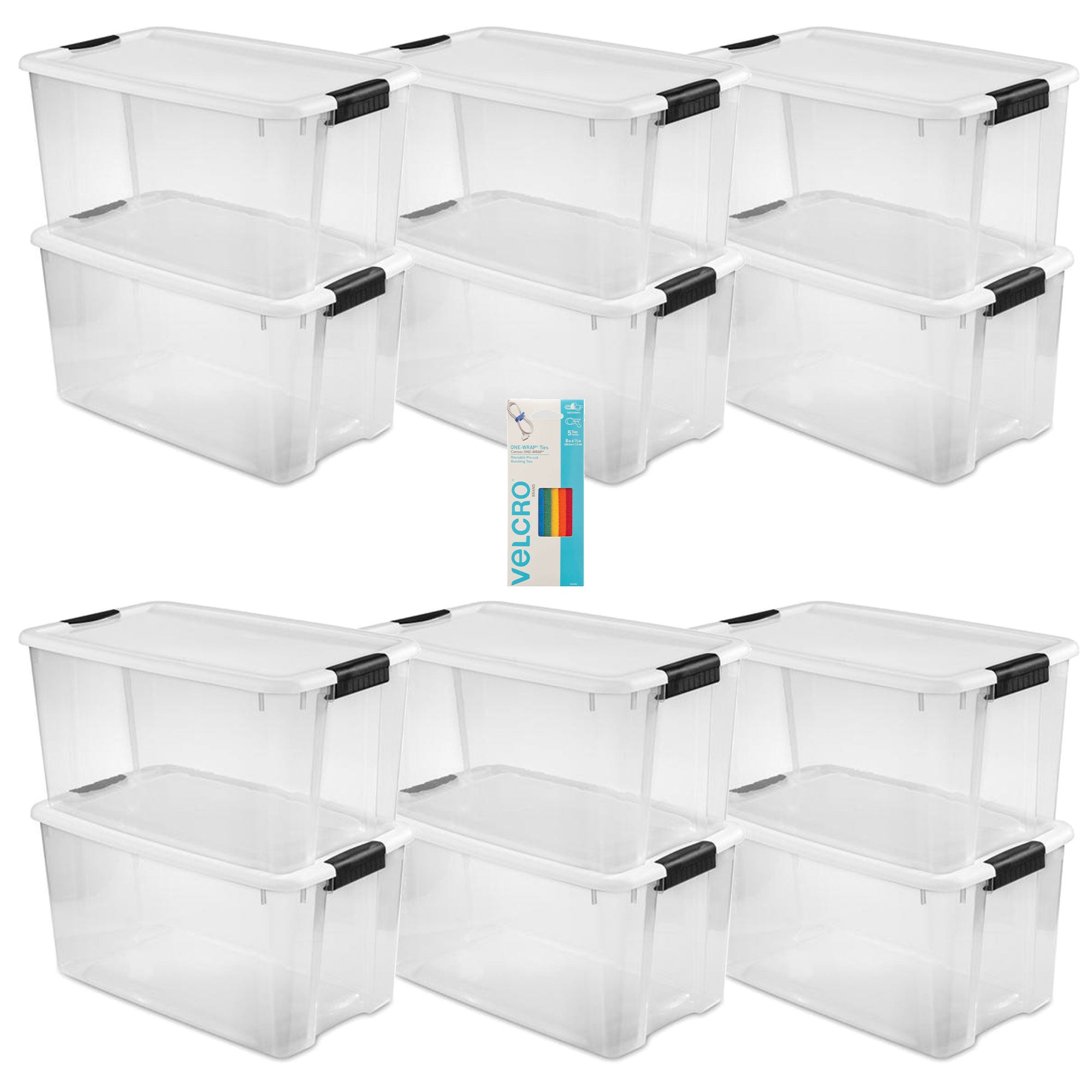 Sterilite 70 Quart Ultra Latch Storage Box, 12 Pk, w/ Velcro Reusable Wire, 5 Pk