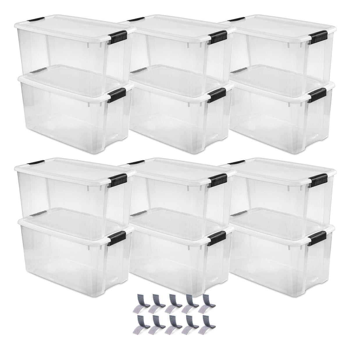 Sterilite 70Qt Ultra Latch Storage Box, 12Pk, & Velcro Extreme Outdoor Fasteners
