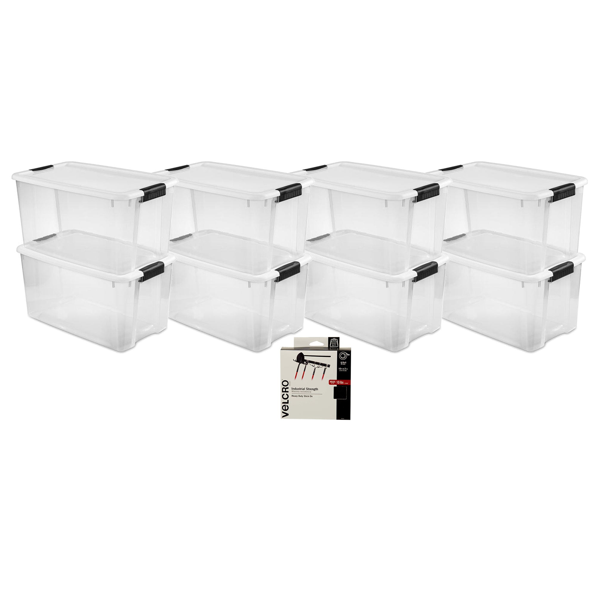Sterilite 70 Qt Ultra Latch Storage Box, 8 Pk, & Velcro 10 Ft Adhesive Fastener