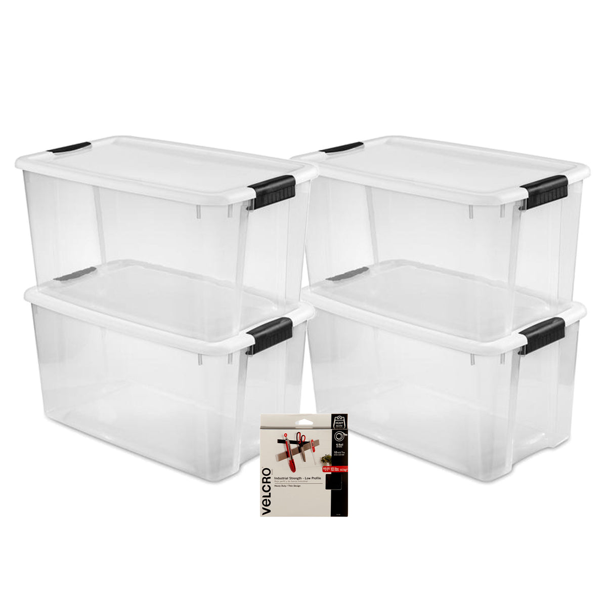 Sterilite 70Qt Ultra Latch Clear Box 4Pk and Velcro 10Ft Low Profile 1" Fastener