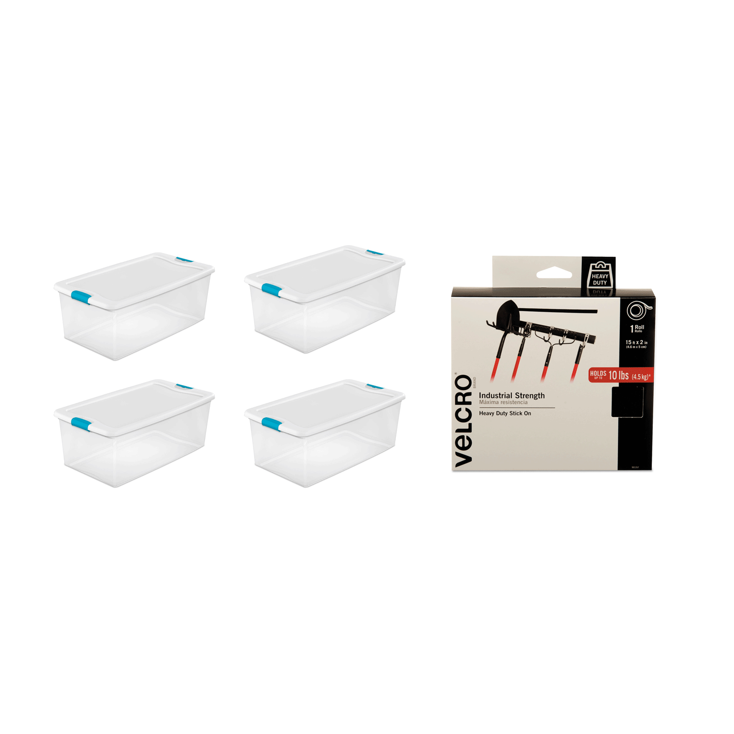 Sterilite 106-Qt Stackable Storage (4 Pack) Bundled with VELCRO® Brand Fastener - VMInnovations