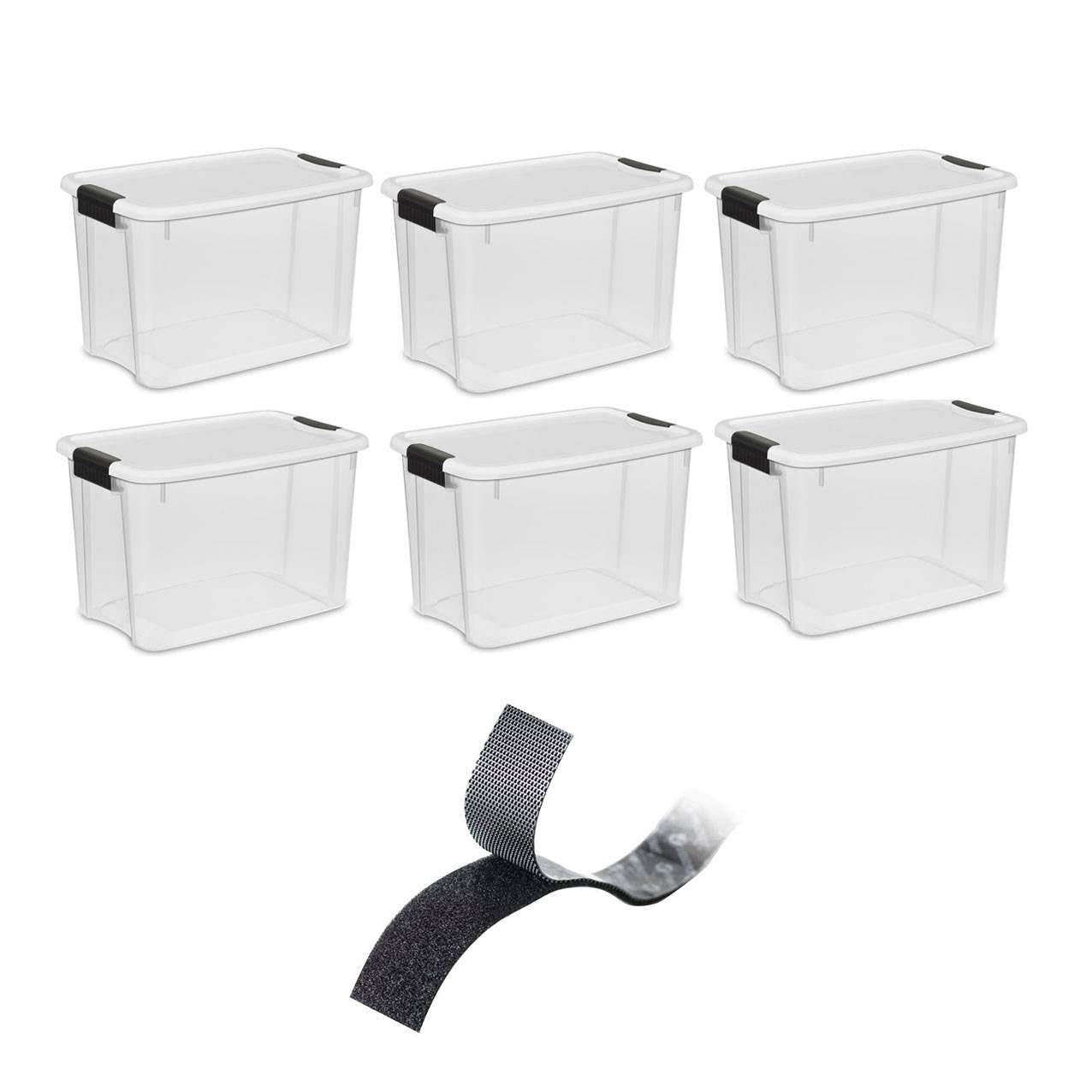 Sterilite 30 Qt Storage Tote (6 Pack) with VELCRO Brand 10 Foot 1 Inch Tape Roll - VMInnovations