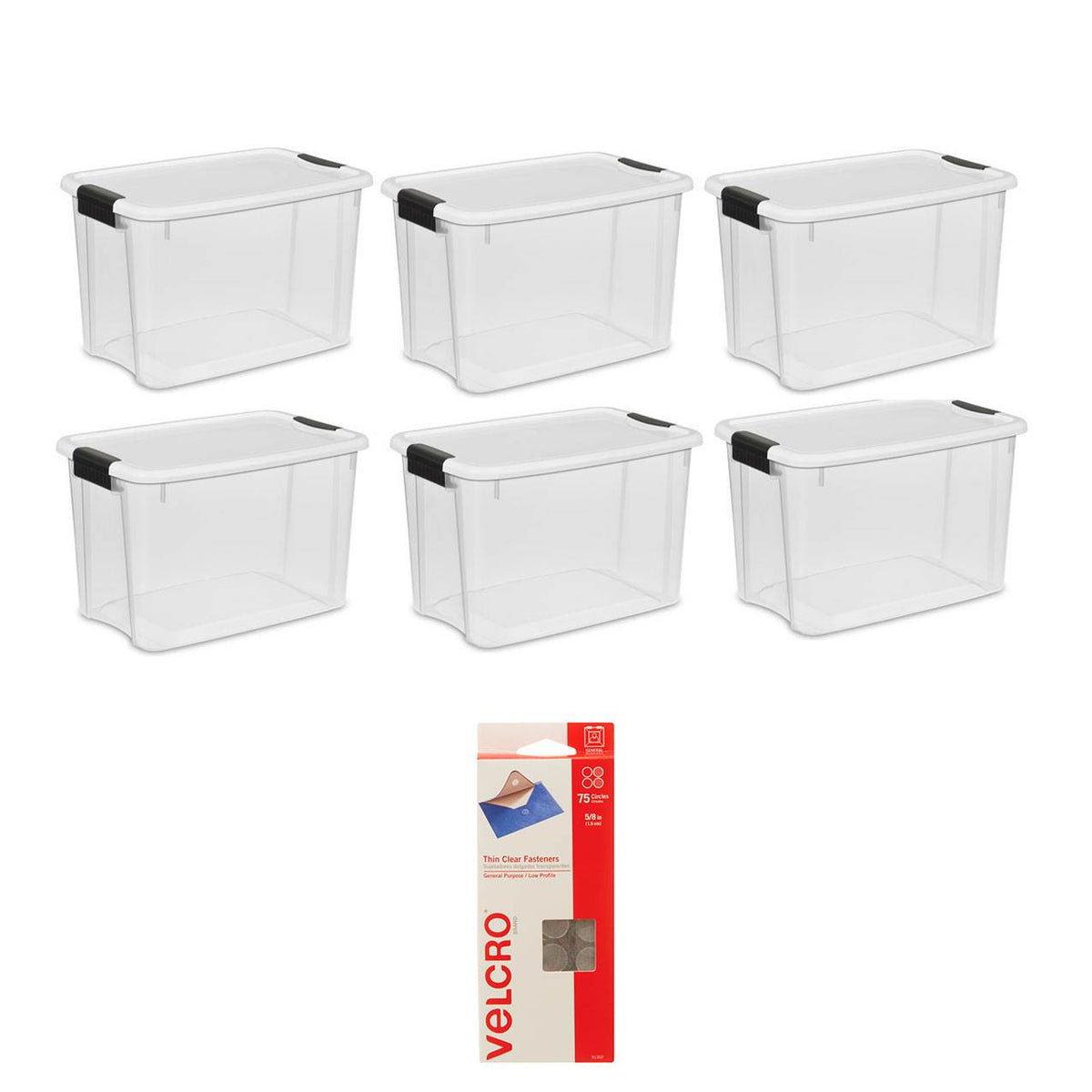 Sterilite 30 Qt Storage Tote (6 Pack) with VELCRO Brand Coin Fasteners (75 Pack)