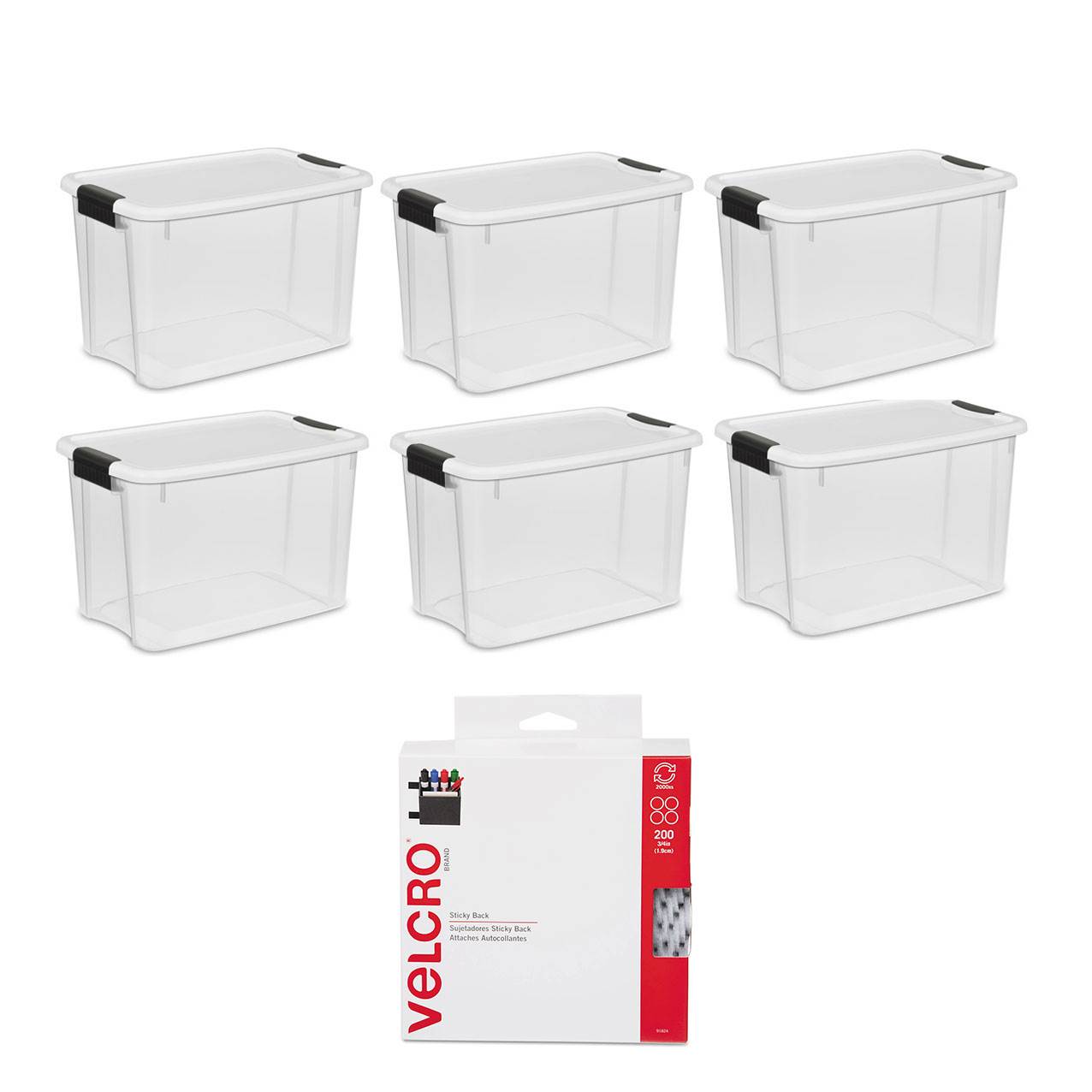 Sterilite 30 Qt Storage Box w/Lid (6 Pack) Bundled with VELCRO® Brand (200 Pack) - VMInnovations