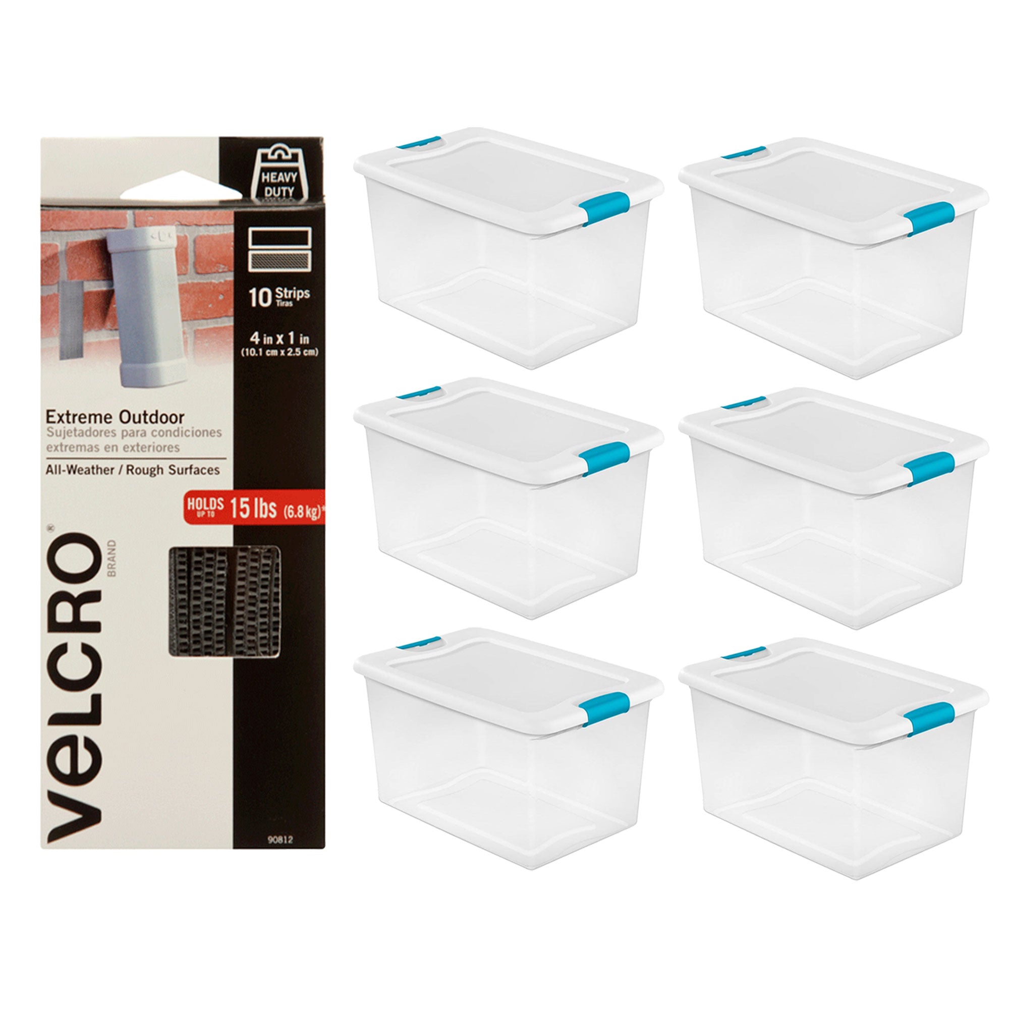 Sterilite 64Qt Ultra Latch Storage Box, 6Pk, & Velcro Extreme Outdoor Fasteners