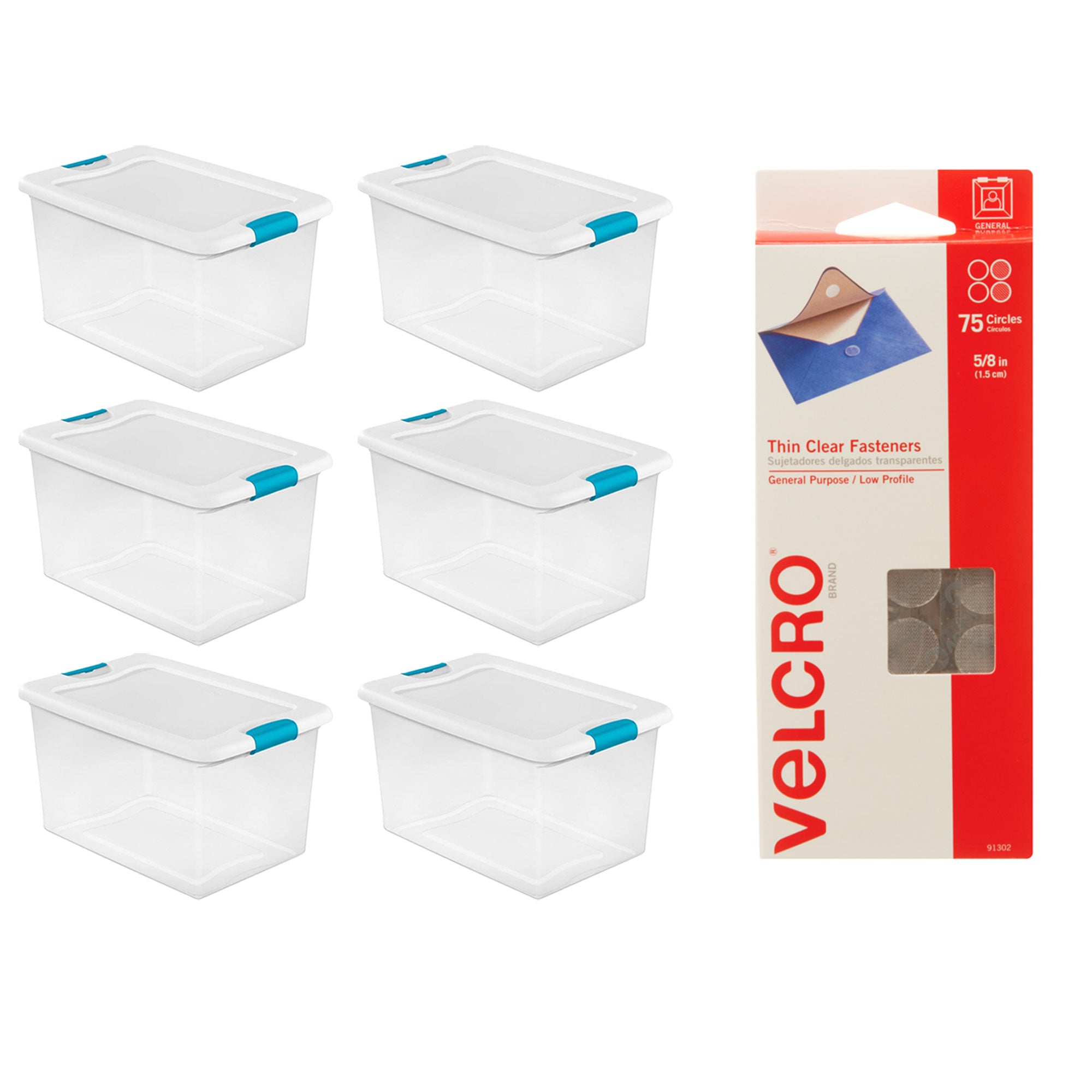 Sterilite 64 Qt Storage Box (6 Pack) Bundled with VELCRO® Brand Sticky (75 Pack)