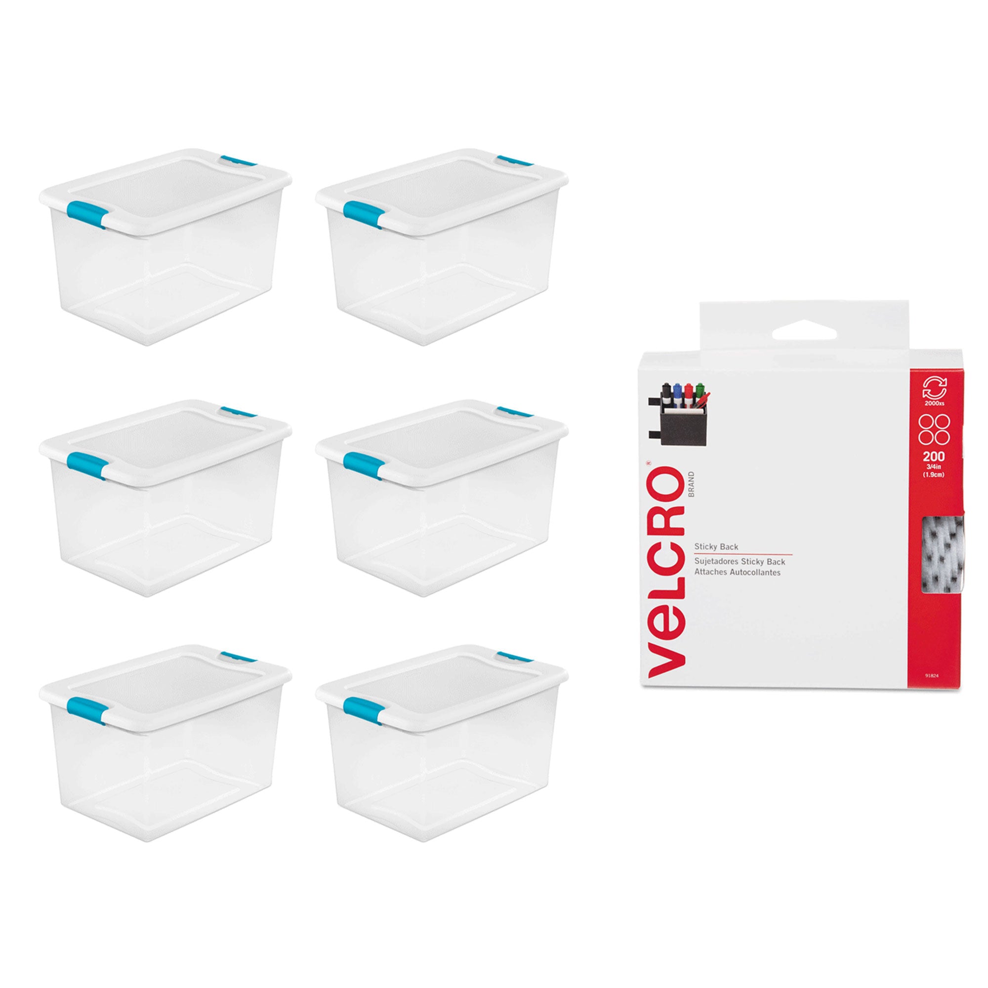 Sterilite 64 Qt Box (6 Pack) Bundled with VELCRO® Brand Fastener Pads (200 Pack)
