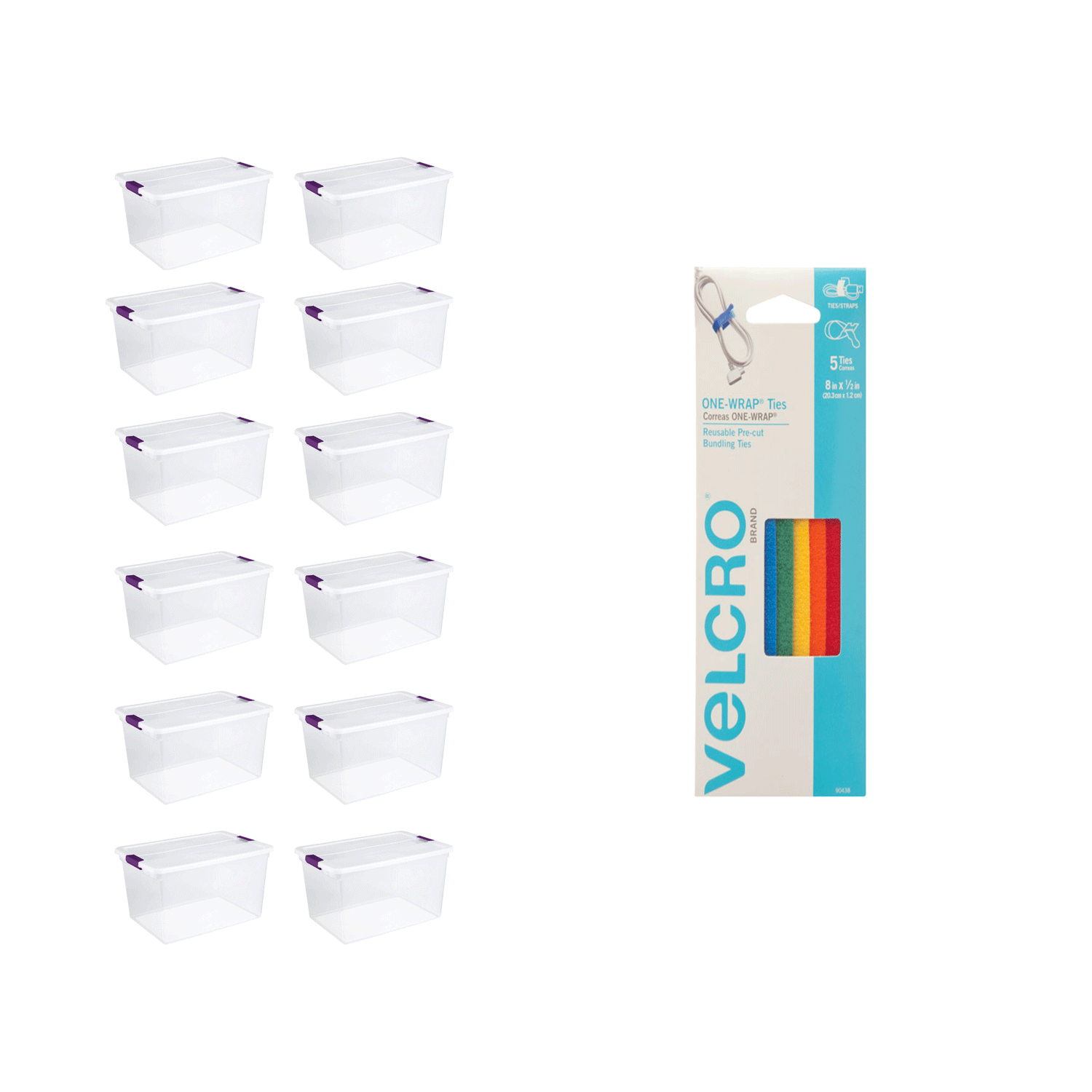 Sterilite 66 Qt Storage (12 Pack) Bundled with VELCRO® Brand Cable Ties (5 Pack)