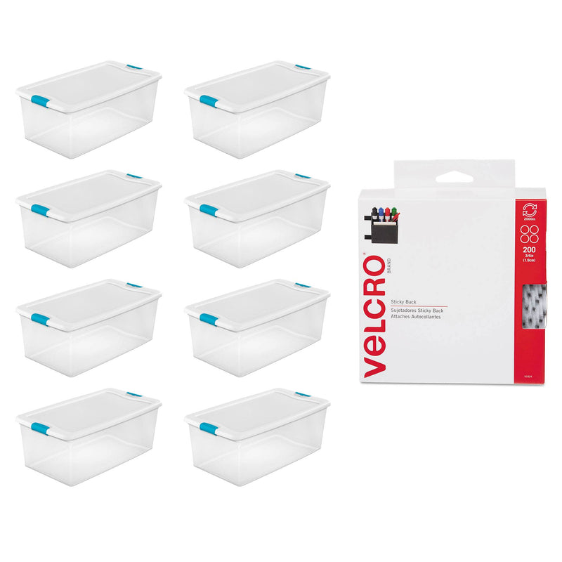 Sterilite 106 Quart Plastic Storage Container Tote (8 Pack) + Velcro Sticky Pads