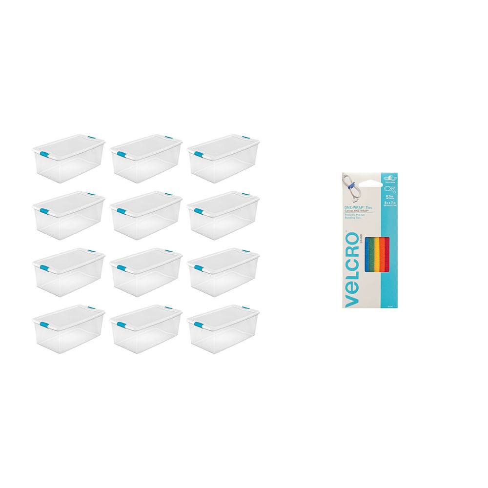 Sterilite 106 Qt. Plastic Storage Container Tote (12 Pack ) + Velcro Cable Ties - VMInnovations