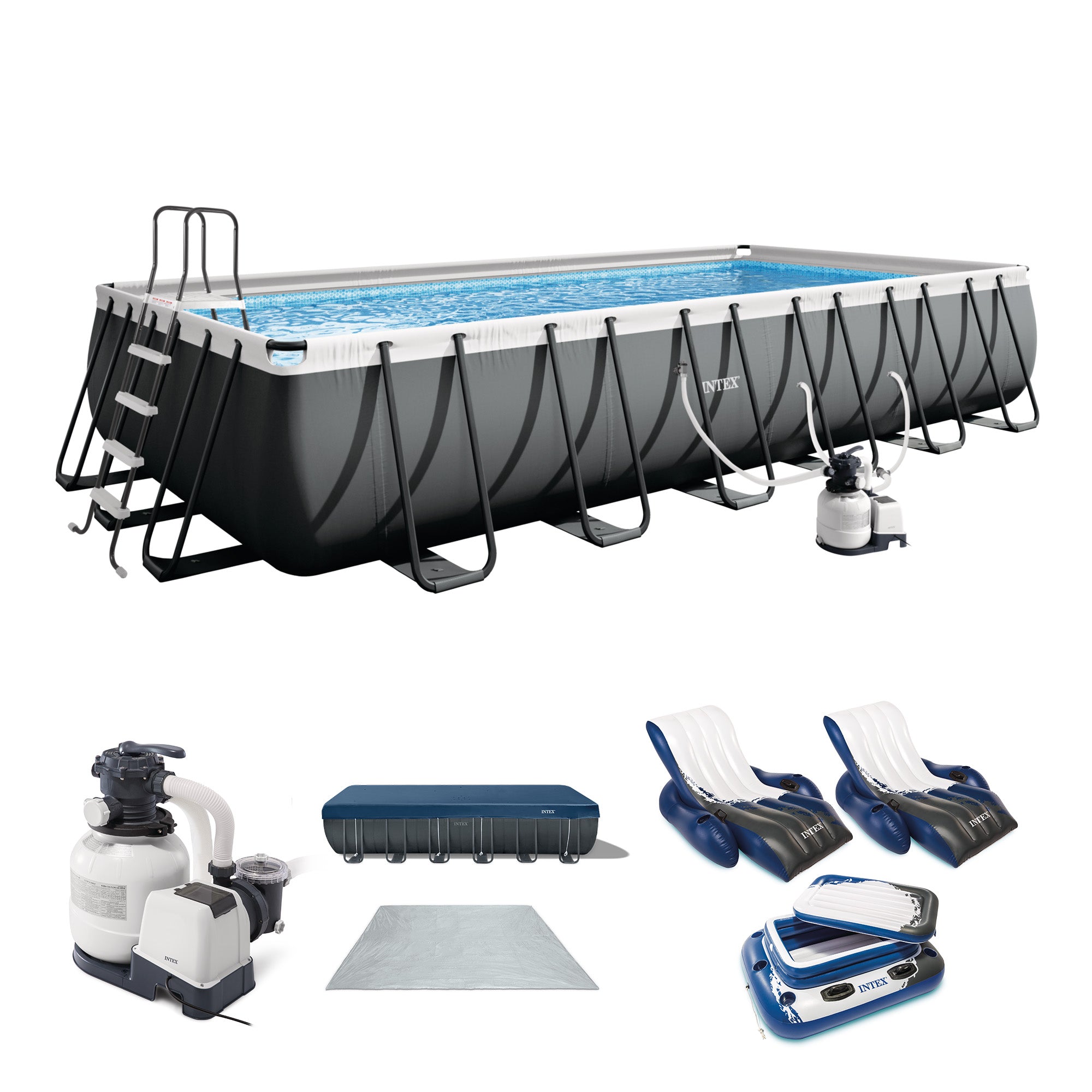 Intex 24 x 12 x 4.3 Foot Ultra XTR Rectangular Pool, 2 Pack of Floats and Cooler - VMInnovations