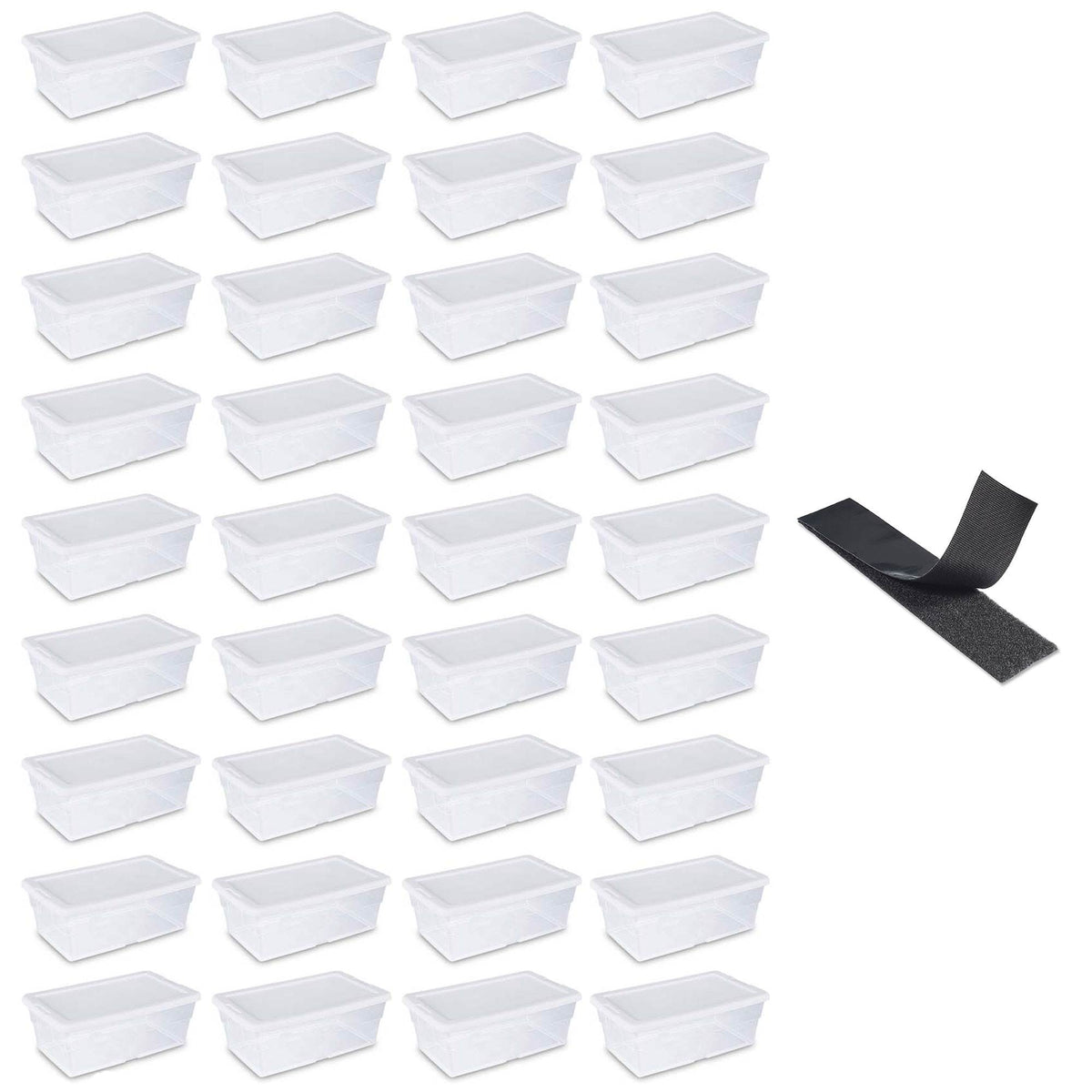Sterilite 6 Qt Clear Plastic Storage Container Tote (36 Pack) + Hook & Loop Roll