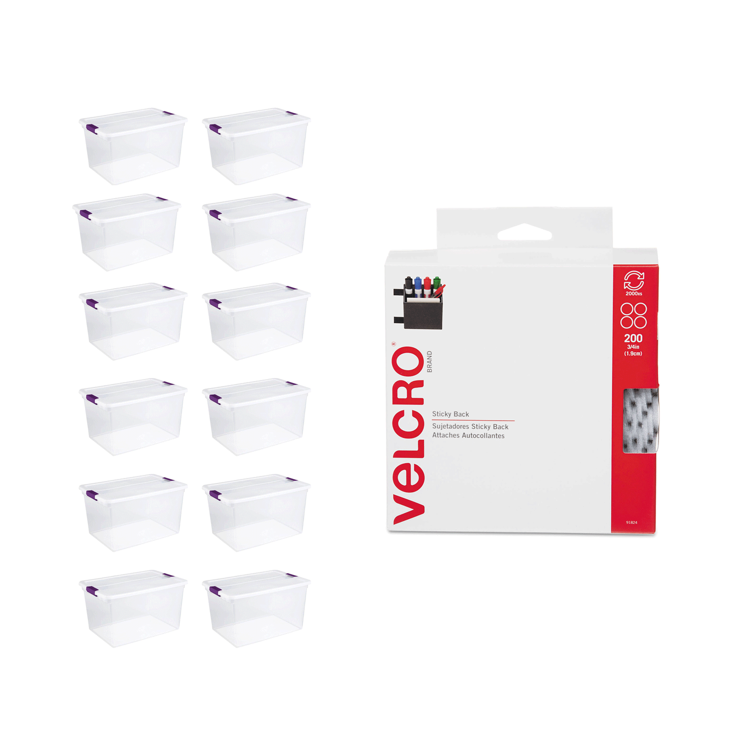 Sterilite 66 Qt Tote (12 Pack) Bundled with VELCRO® Brand Pads (200 Pack)