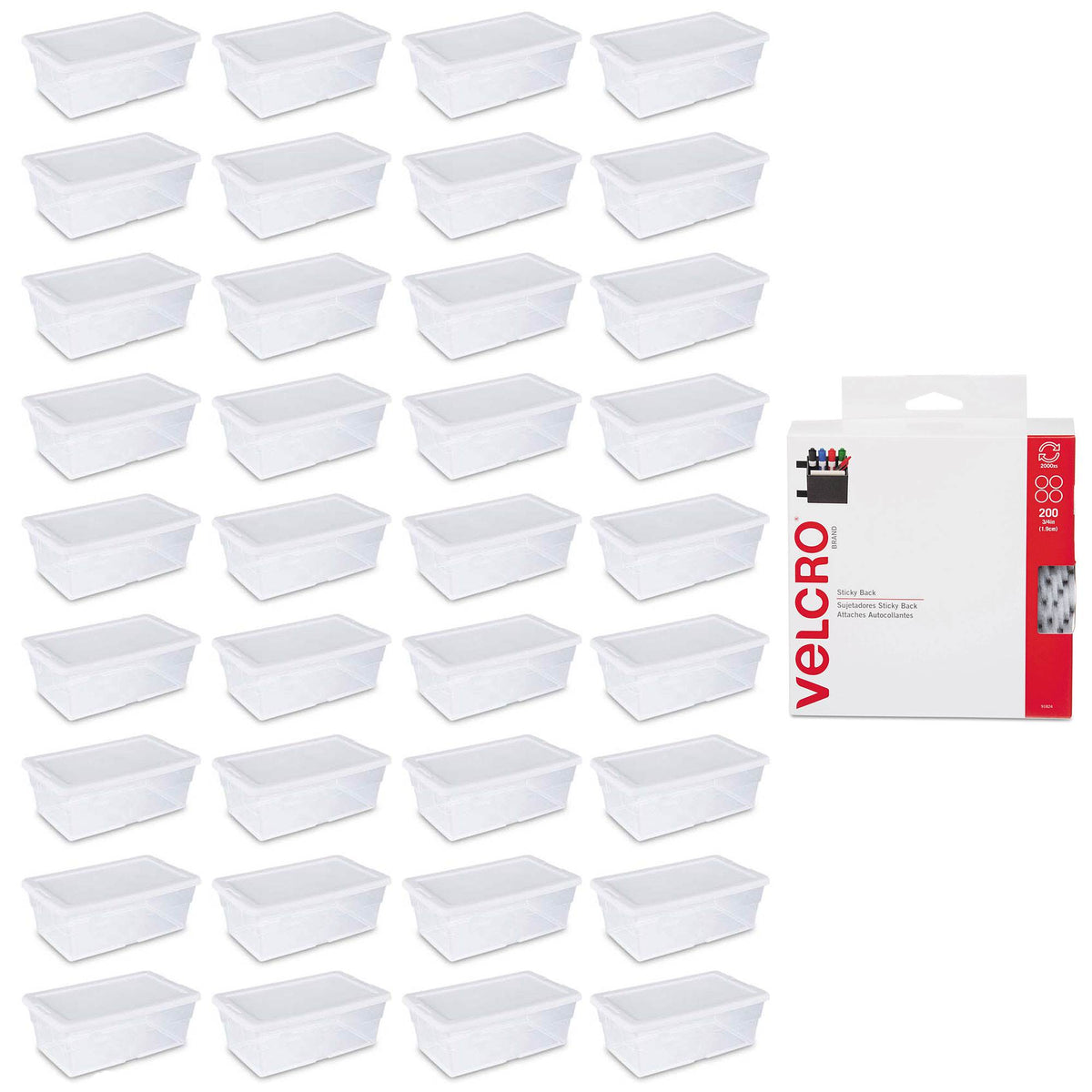 Sterilite 6 Quart Clear Plastic Storage Container Tote (36 Pack) + Velcro Coins
