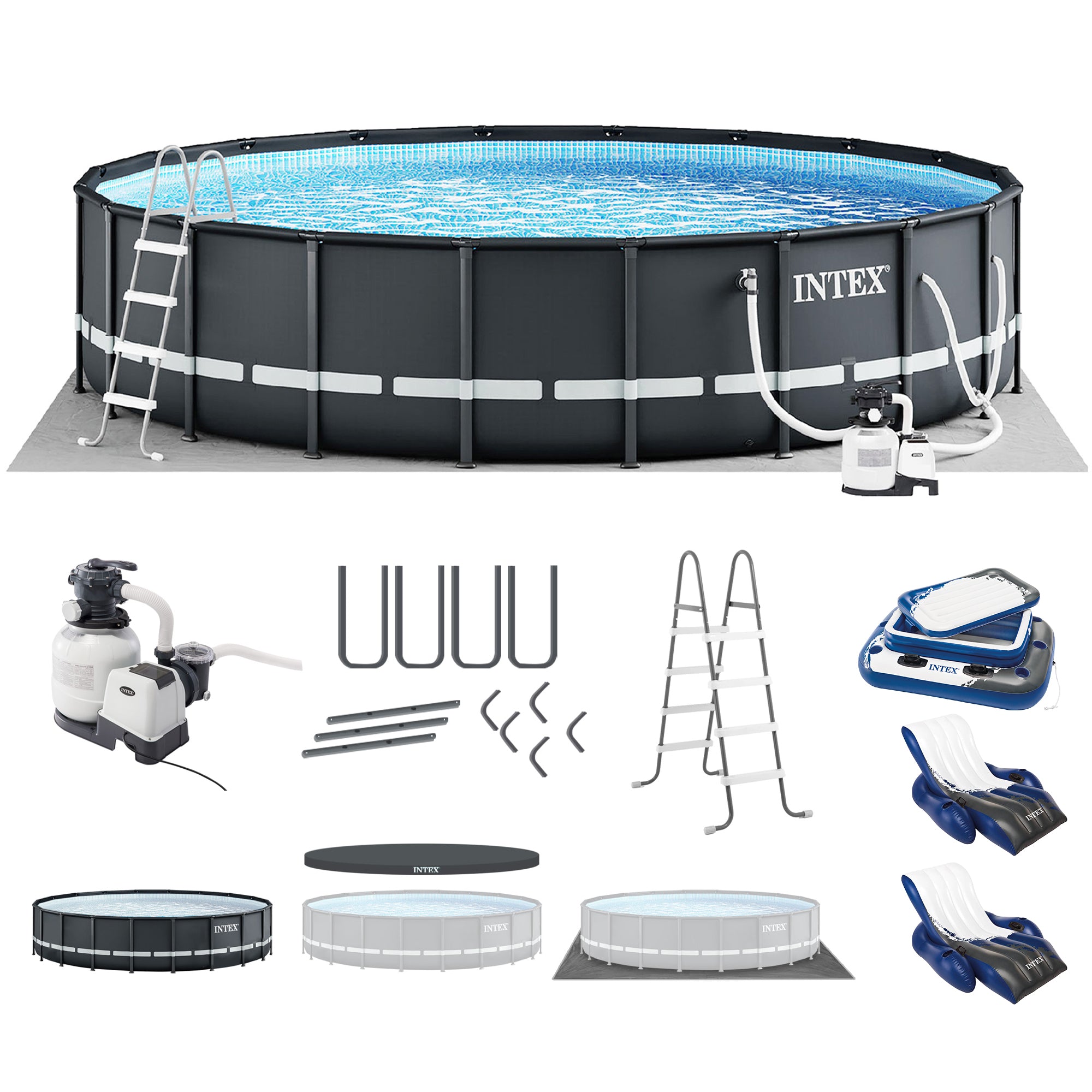 Intex 20ft x 48in Ultra XTR Round Pool, Pump, Ladder, Lounger (2 Pack), & Cooler