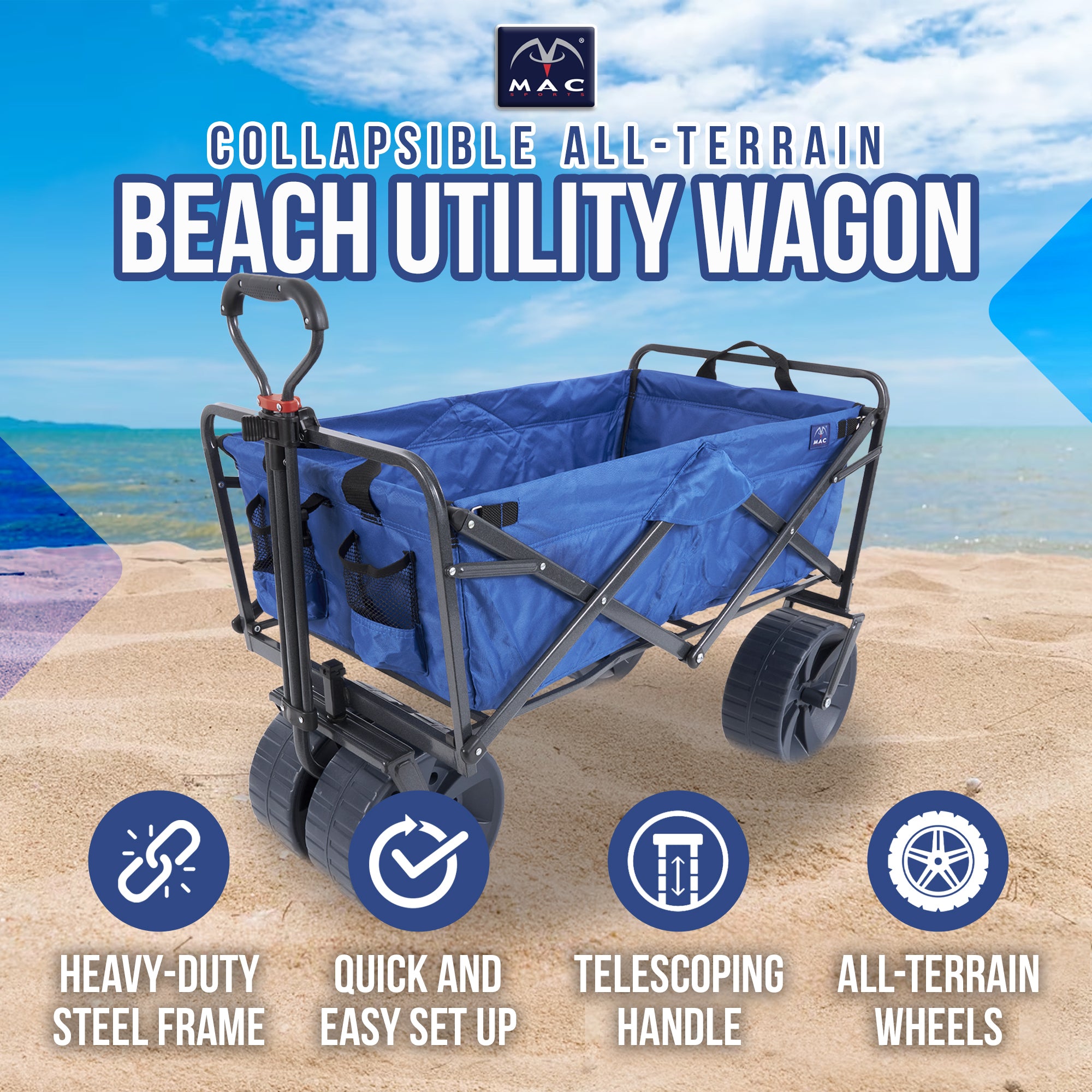 Mac Sports All Terrain Beach Utility Wagon, Blue/Black (Open Box) (2 Pack) - VMInnovations