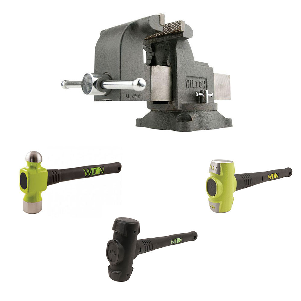 Wilton WS8 8 Inch Steel Swivel Base Work Bench Vise w/ 3 Piece Hammer Set Kit