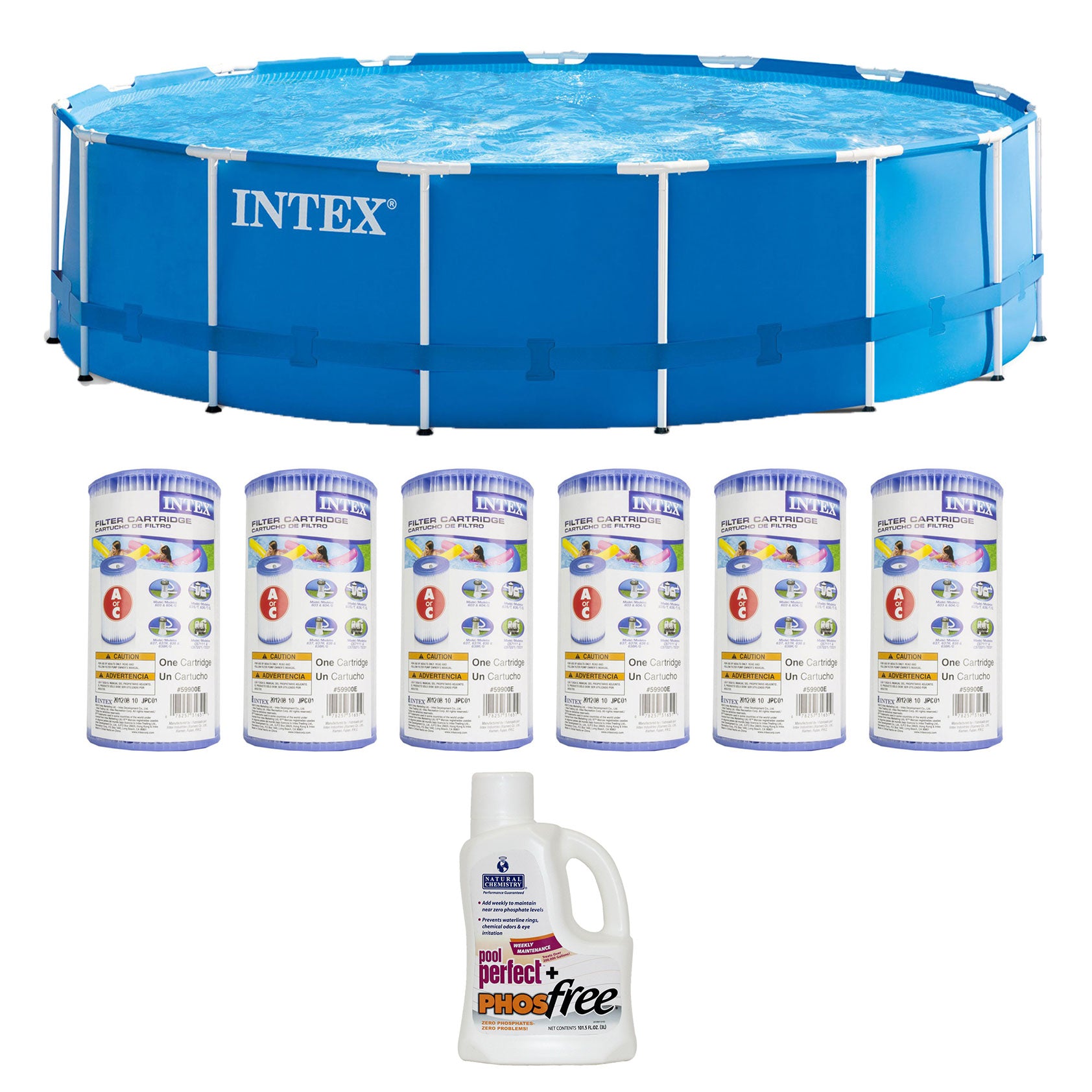 Intex Above Ground 15ft x 48in Pool, 6 Filter Cartridges + Natural PHOSfree