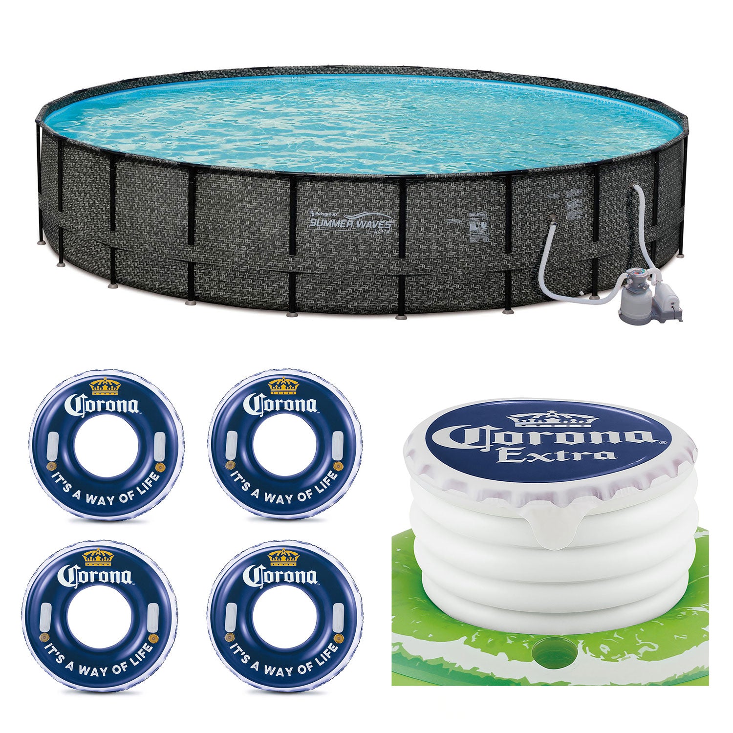 Summer Waves 24ft x 52in Pool Set & Corona Pool Float (4 Pack) & Floating Cooler