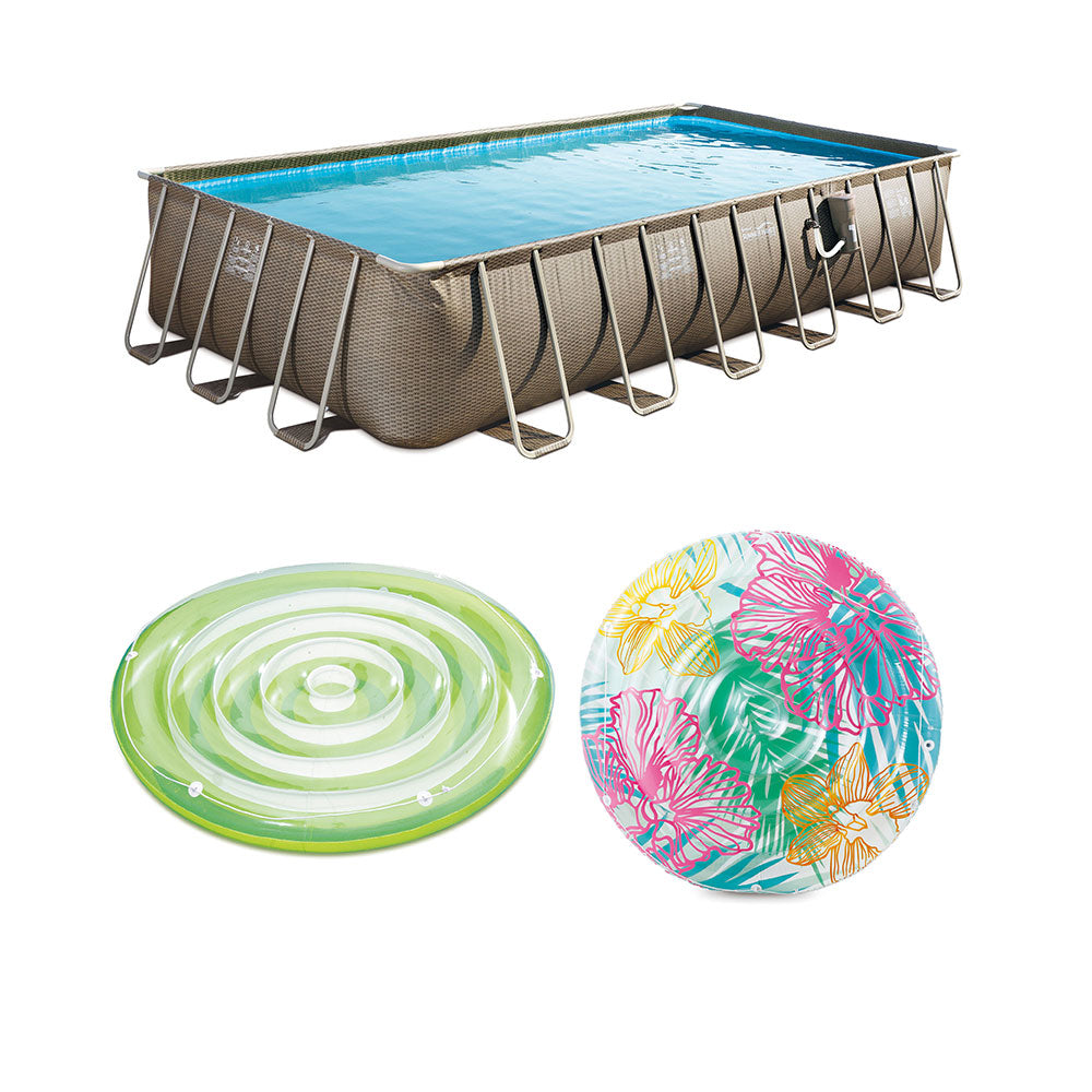 Summer Waves 24 Foot Wicker Pool w/ Splash Island & Hibiscus Island Pool Floats