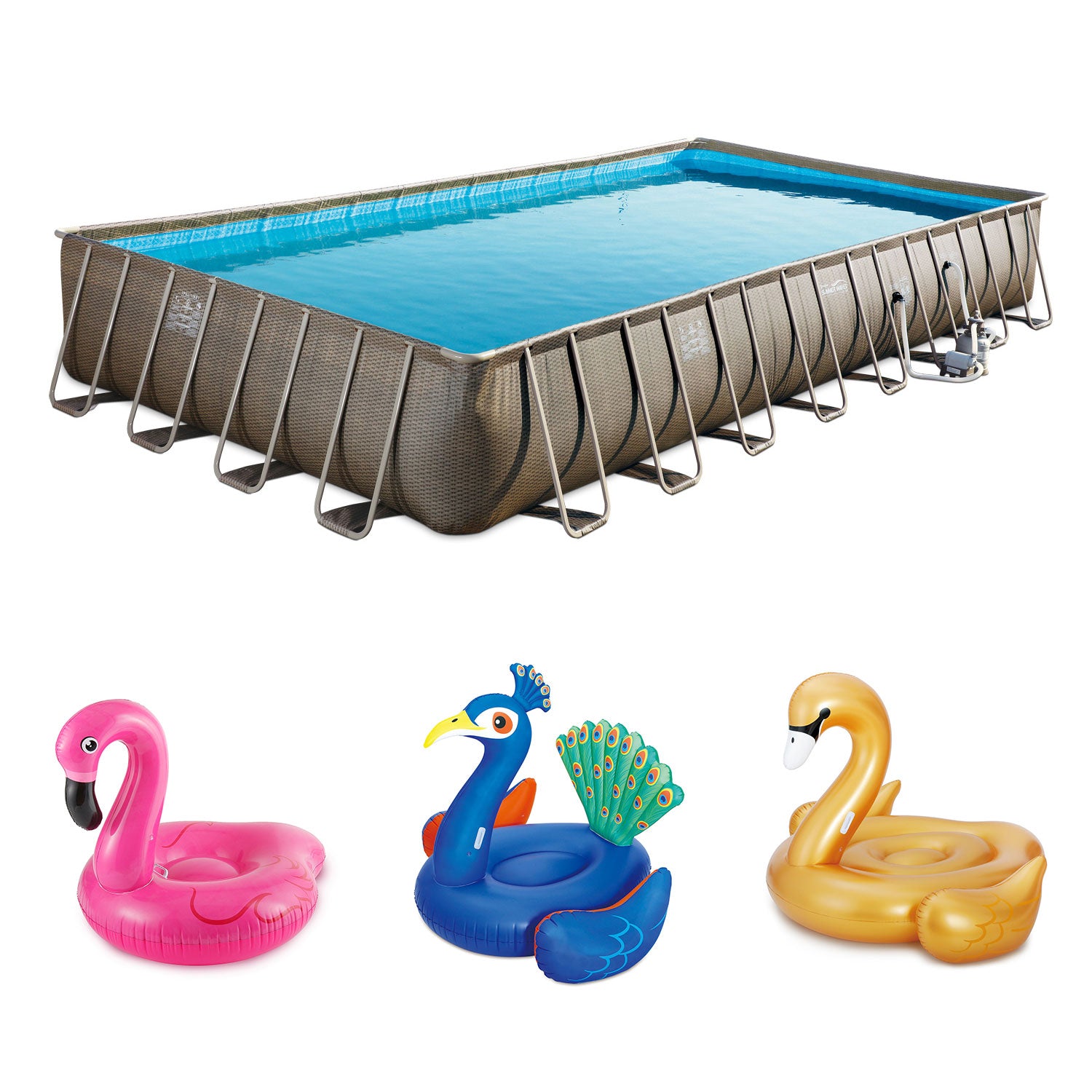 Summer Waves 32ft x 16ft x 52in Pool Set + Pink Flamingo, Peacock and Swan Floats
