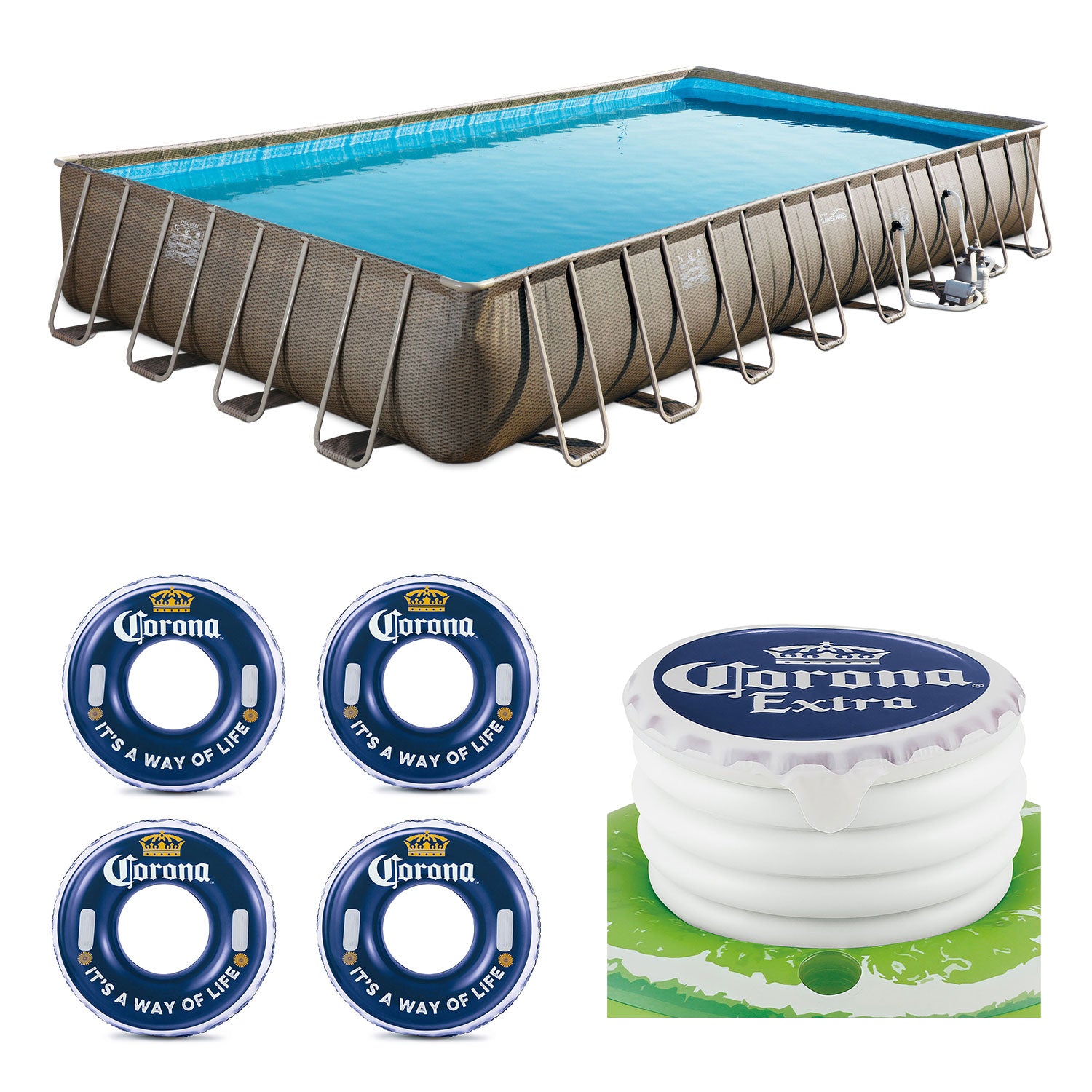Summer Waves 32ft x 16ft x 52in Pool Set, Corona Floats + Corona Floating Cooler