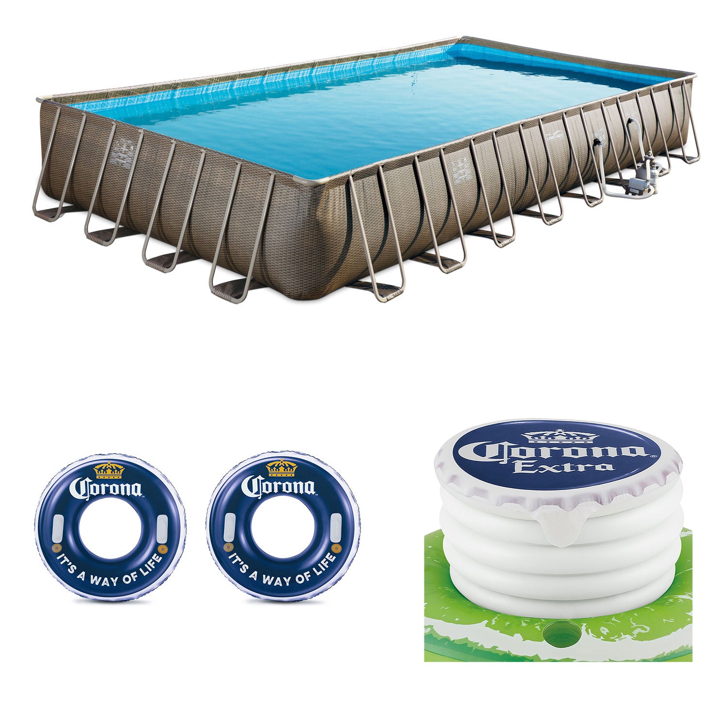 Summer Waves 32ft x 16ft x 52in Pool + Corona Floats + Corona Floating Cooler - VMInnovations