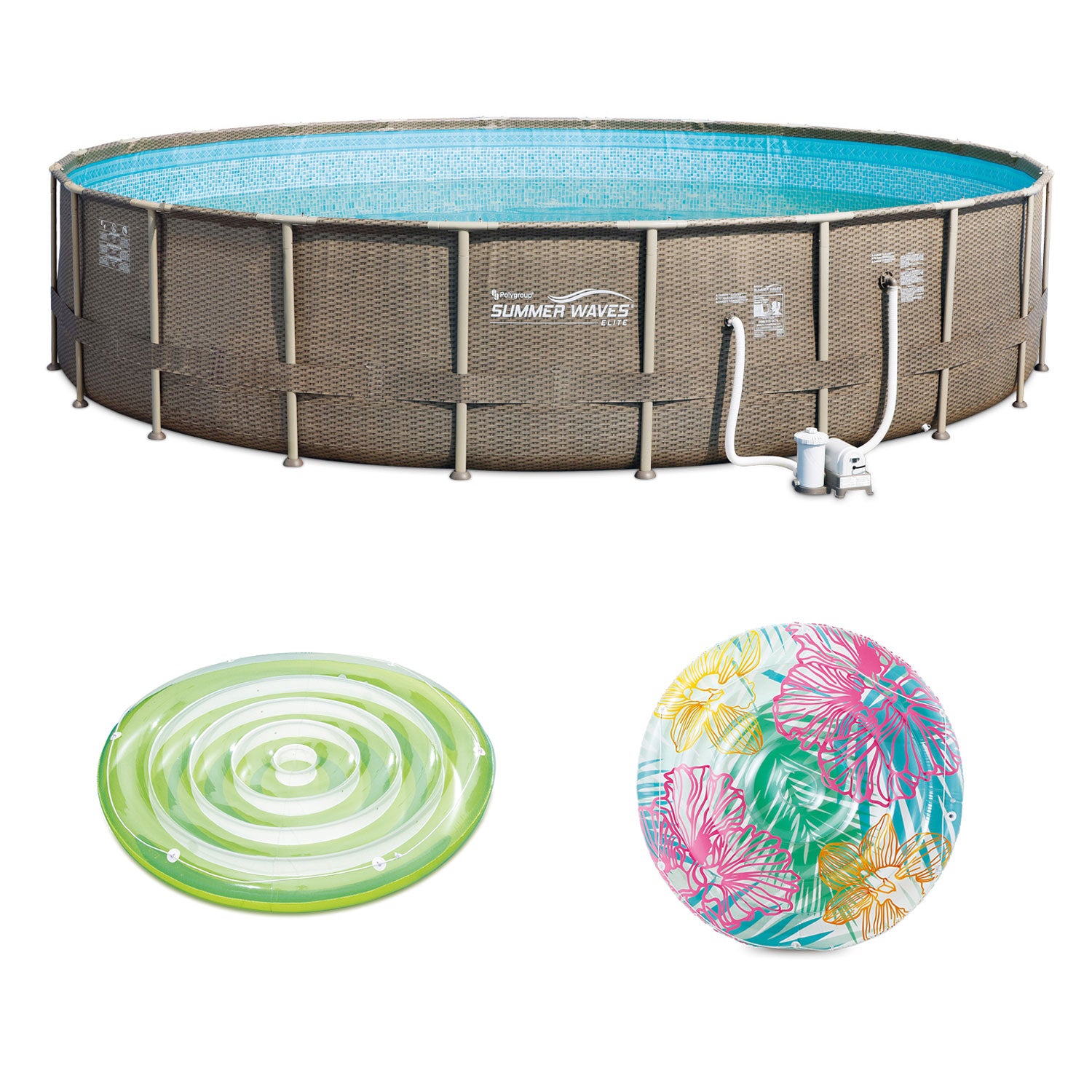 Summer Waves Elite 22ft x 52in Round Pool Set & Inflatable Splash Island Floats