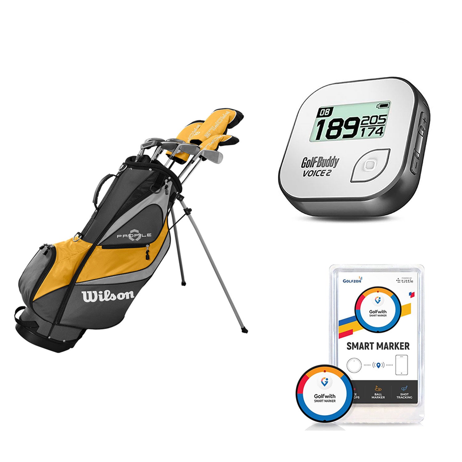 Wilson Men's Golf Club Set + Golf Buddy GPS Range Finder + Golfwith Smart Marker
