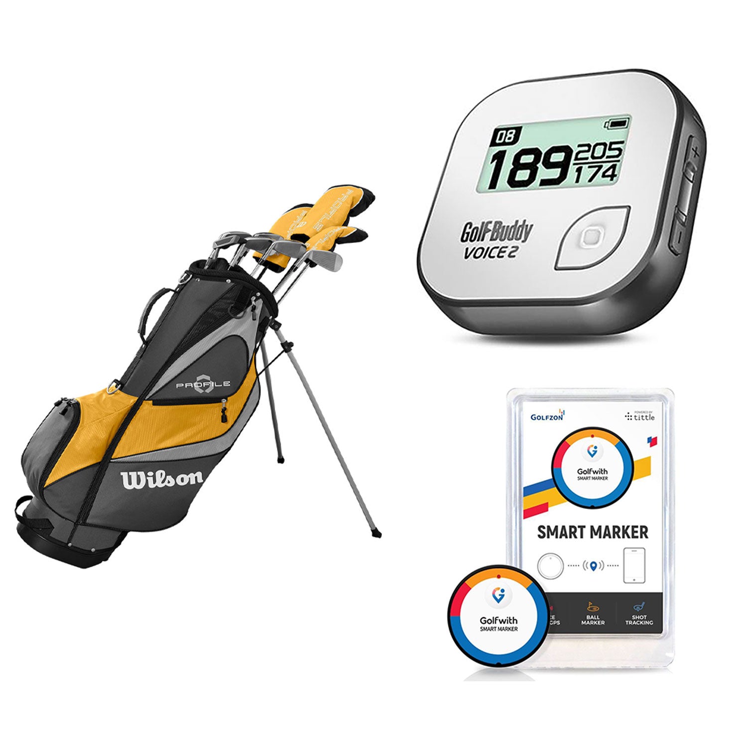 Wilson Men's Golf Club Set + Golf Buddy GPS Range Finder + Golfwith Smart Marker