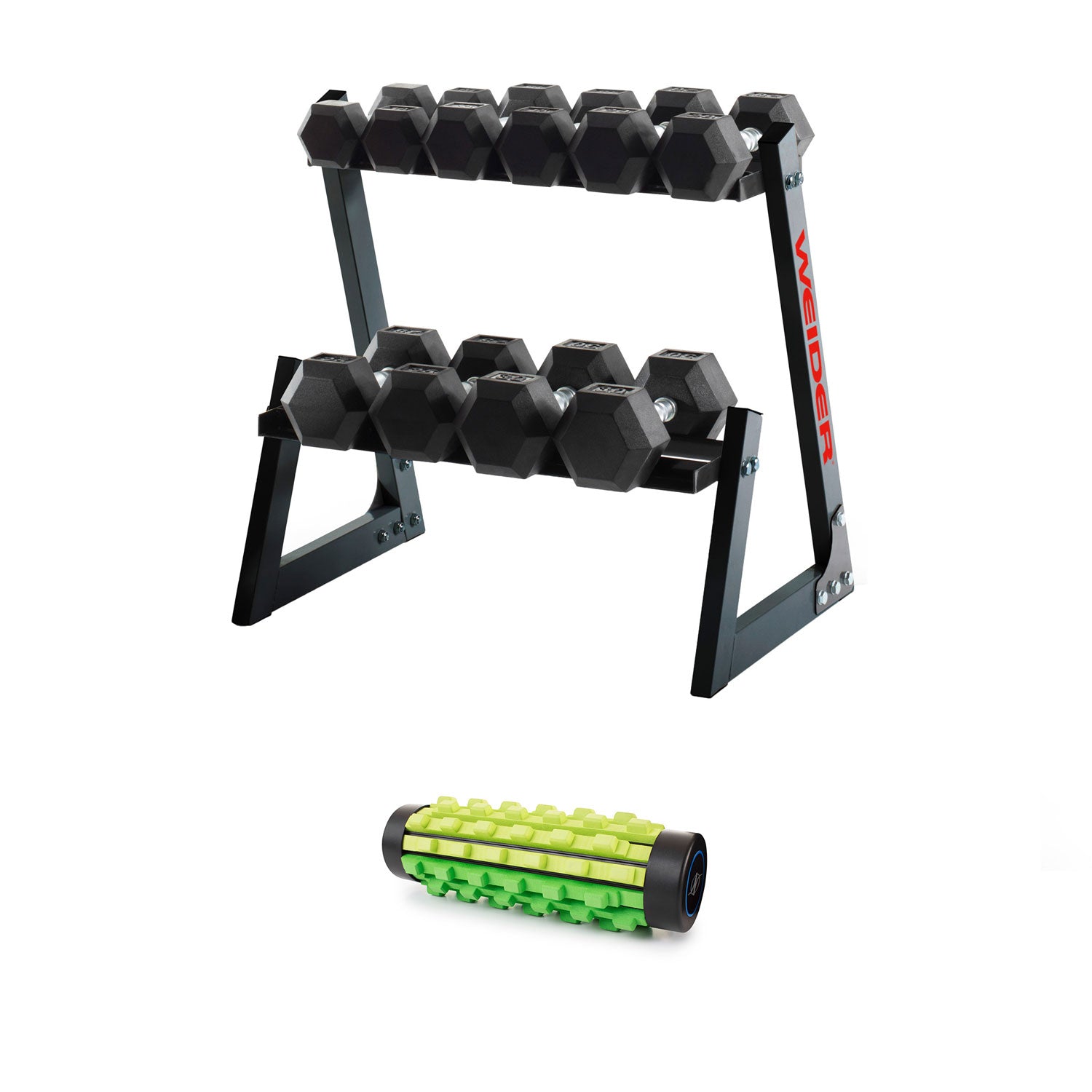 Weider 200-Pound Rubber Hex Dumbbell Set with Rack and Foam Massage Roller - VMInnovations