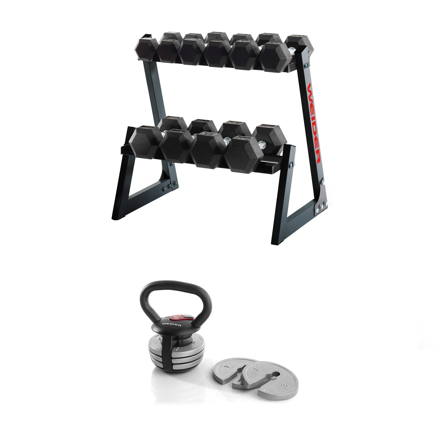 Weider 200-Pound Rubber Hex Dumbbell Set with Rack + 20 Pound Workout Kettlebell