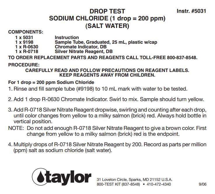 Taylor K-1766 Liquid Pool Spa Sodium Chloride Salt Water Drop Test Kit (4 Pack)