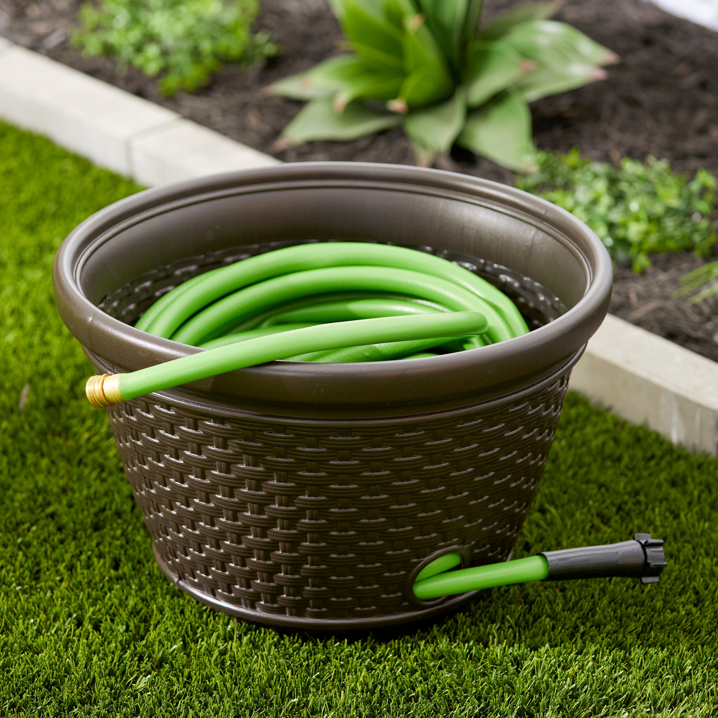 Suncast 100 Foot Wicker Garden Hose Caddy Storage Holder Pot, Java (3 Pack)