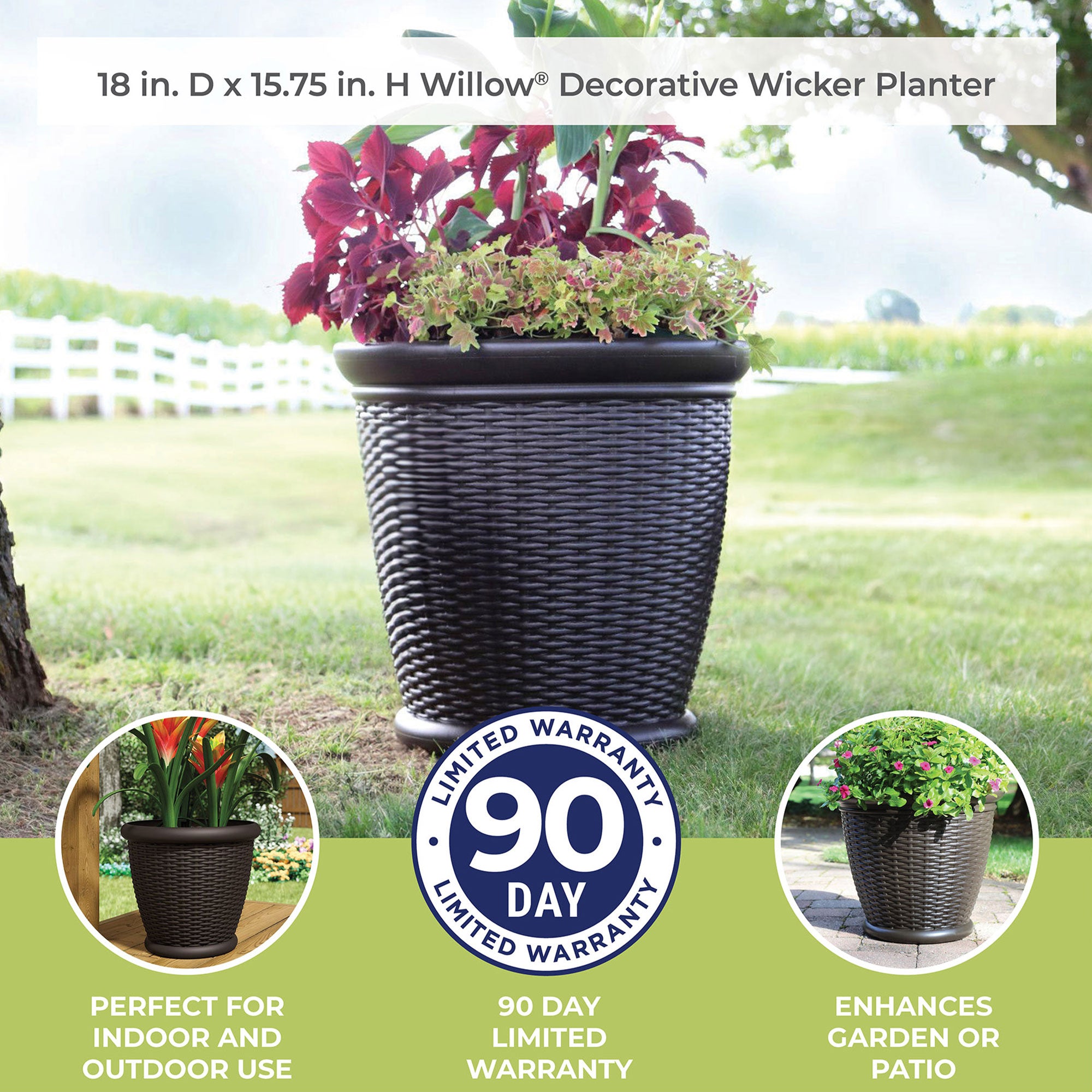 Suncast Willow 18" Plastic Decorative Wicker Patio Planter Pot, Java (3 Pack)