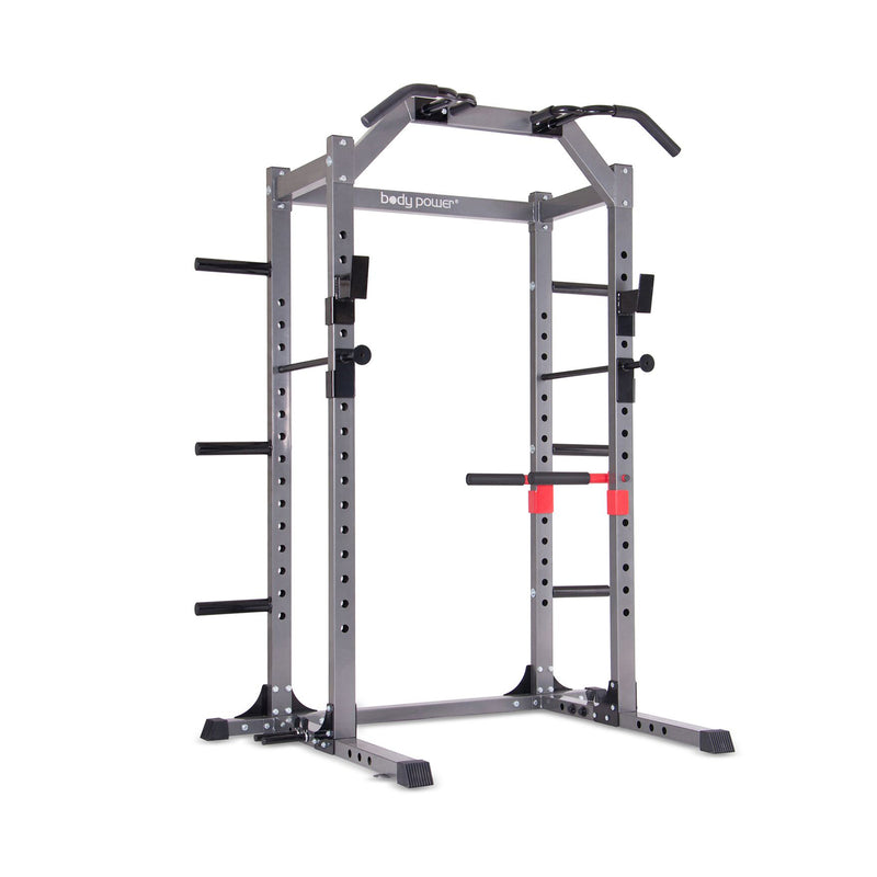 Body Power Deluxe Rack Cage w/ Accessories, Safety Bars, Floor-Mount Anchors