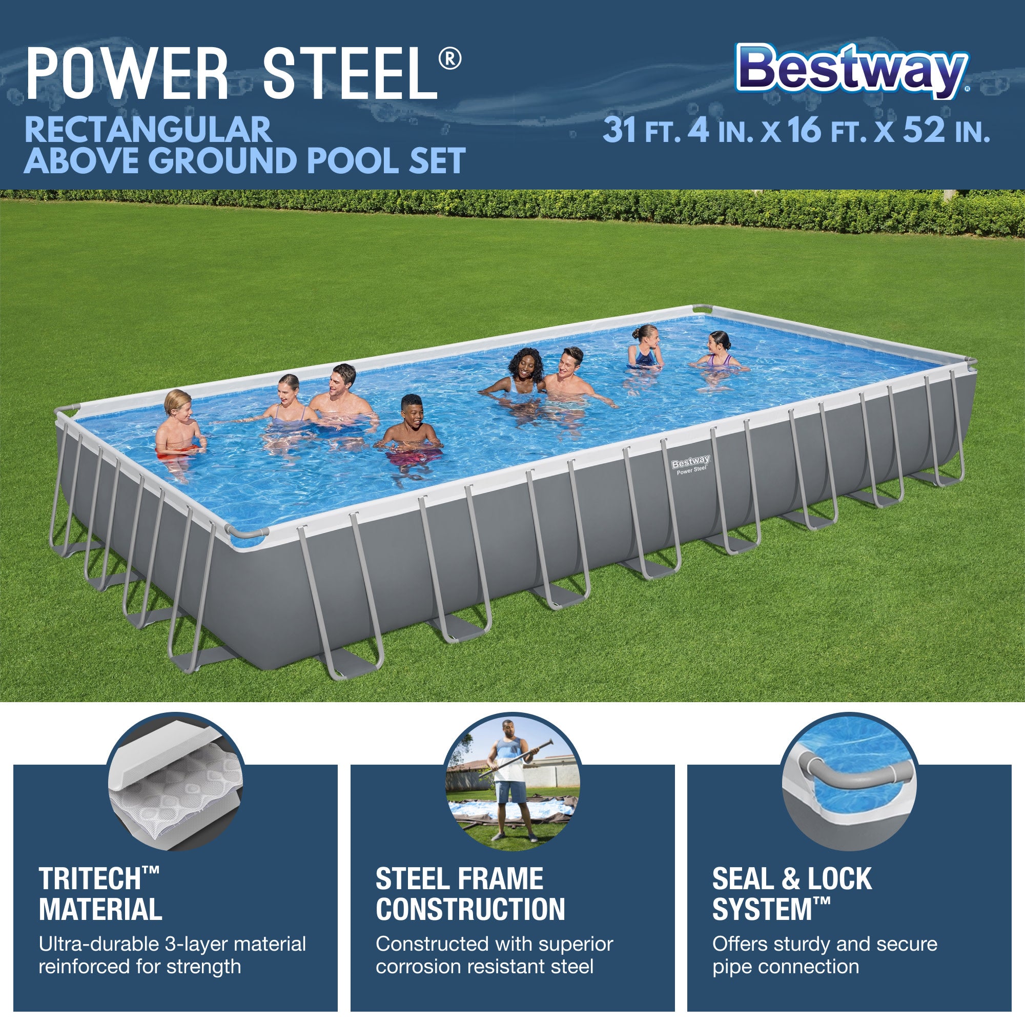 Bestway Power Frame 31.3' x 16' x 52" Above Ground Pool with Pump & Cleaning Kit