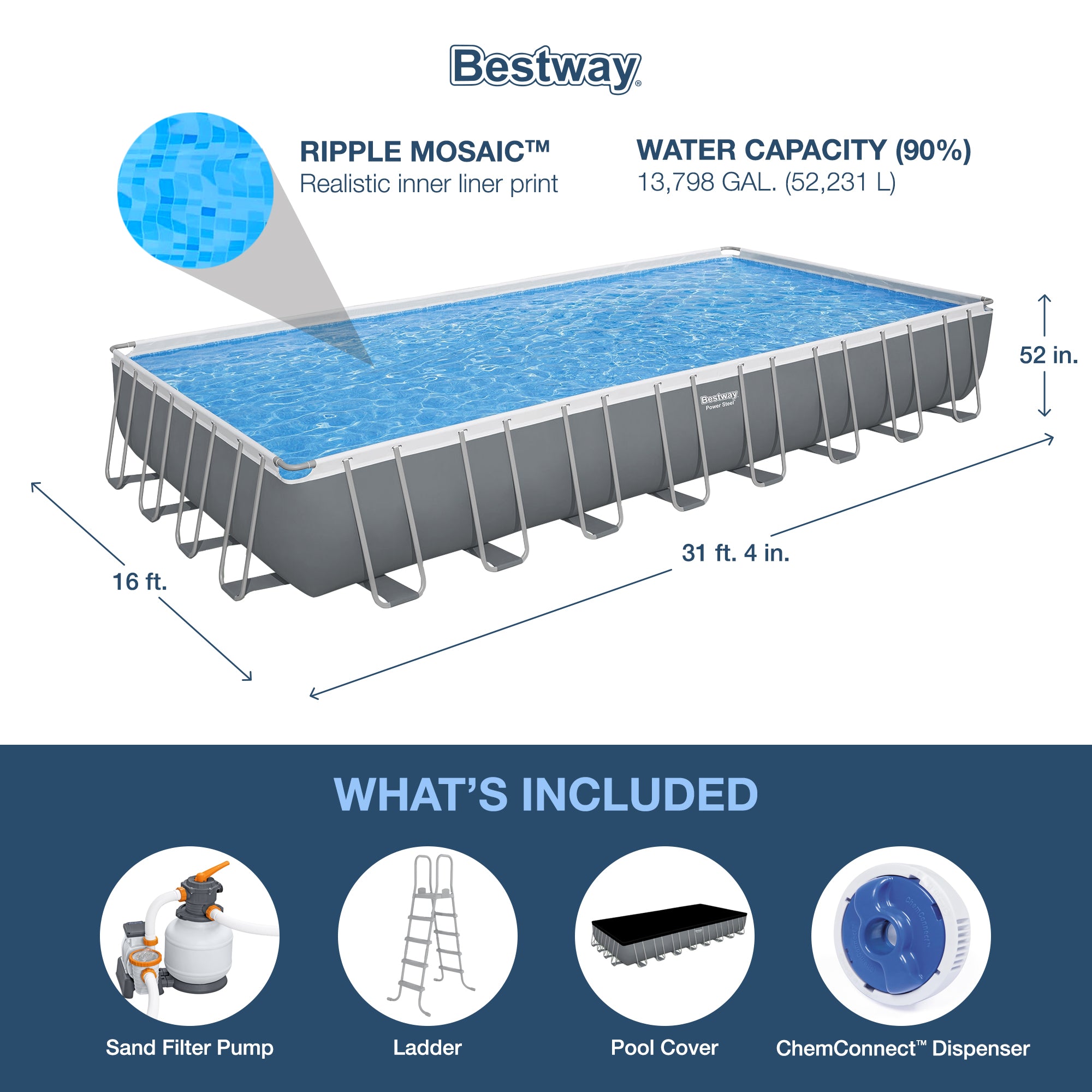 Bestway Power Frame 31.3' x 16' x 52" Above Ground Pool with Pump & Cleaning Kit