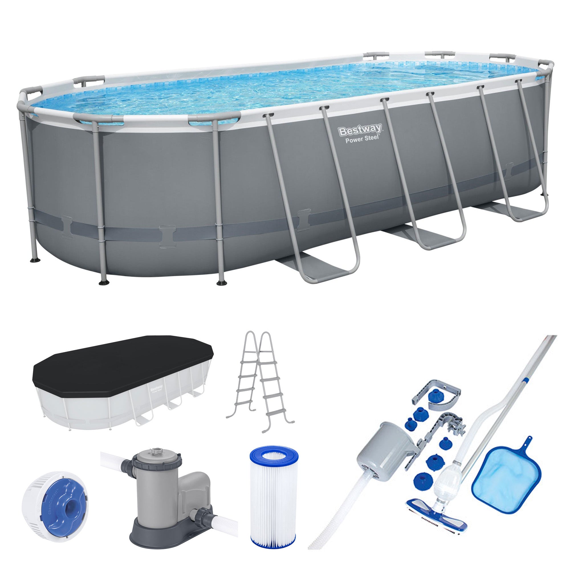 Bestway 18 Foot Power Steel Swimming Pool Set with Vacuum and Maintenance Kit - VMInnovations