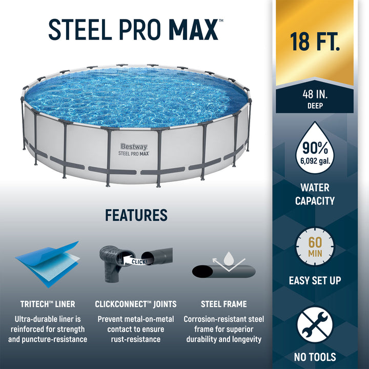 Bestway Round Steel Frame Above Ground Pool w/ Cleaning Accessories, 18 x 4 Feet - VMInnovations