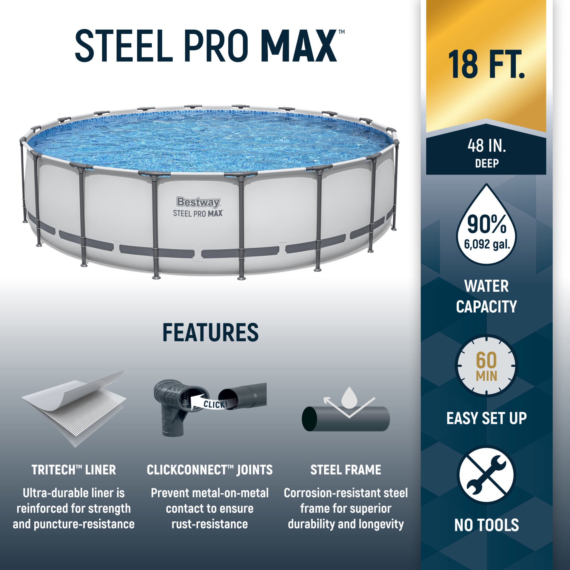 Bestway 18 Ft x 48 Inch Steel Pro Round Frame Above Ground Pool Set with Skimmer