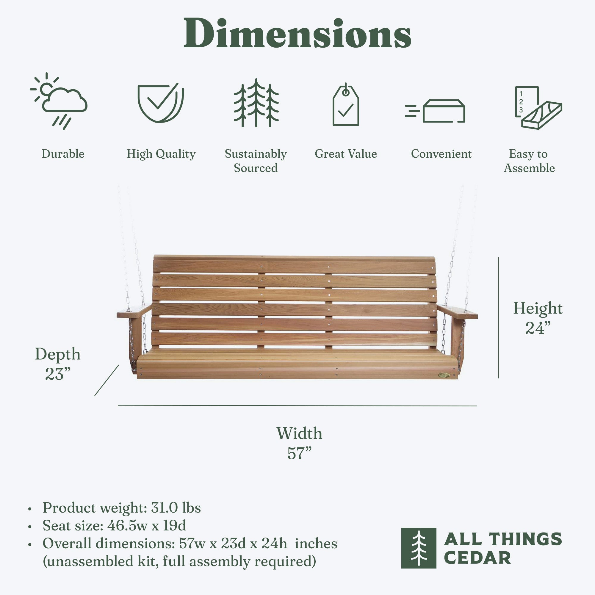 All Things Cedar 4 Foot Wooden Porch Swing Outdoor Patio Furniture, Natural - VMInnovations