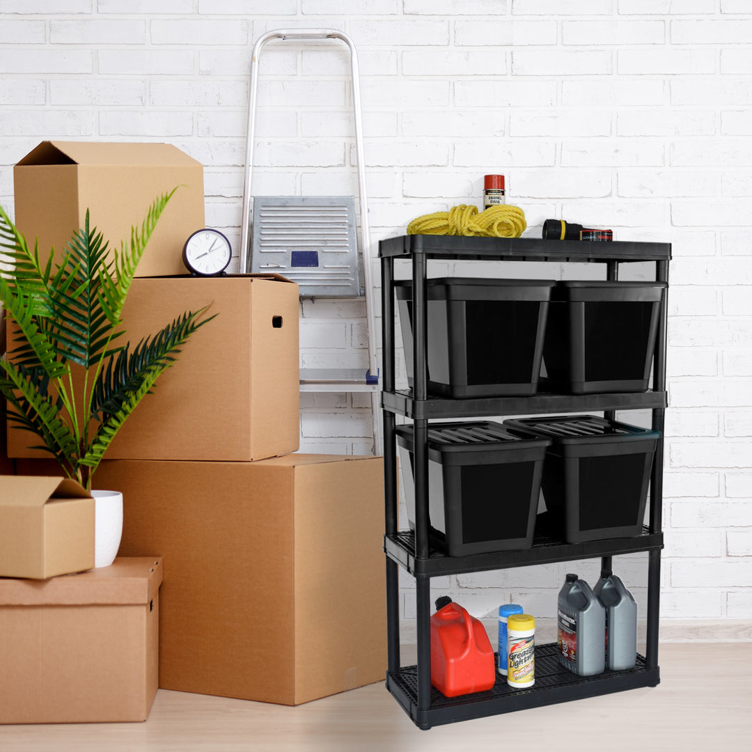 Gracious Living 4 Shelf Ventilated Garage Shelving Kit with 4 Bins & Lids, Black - VMInnovations